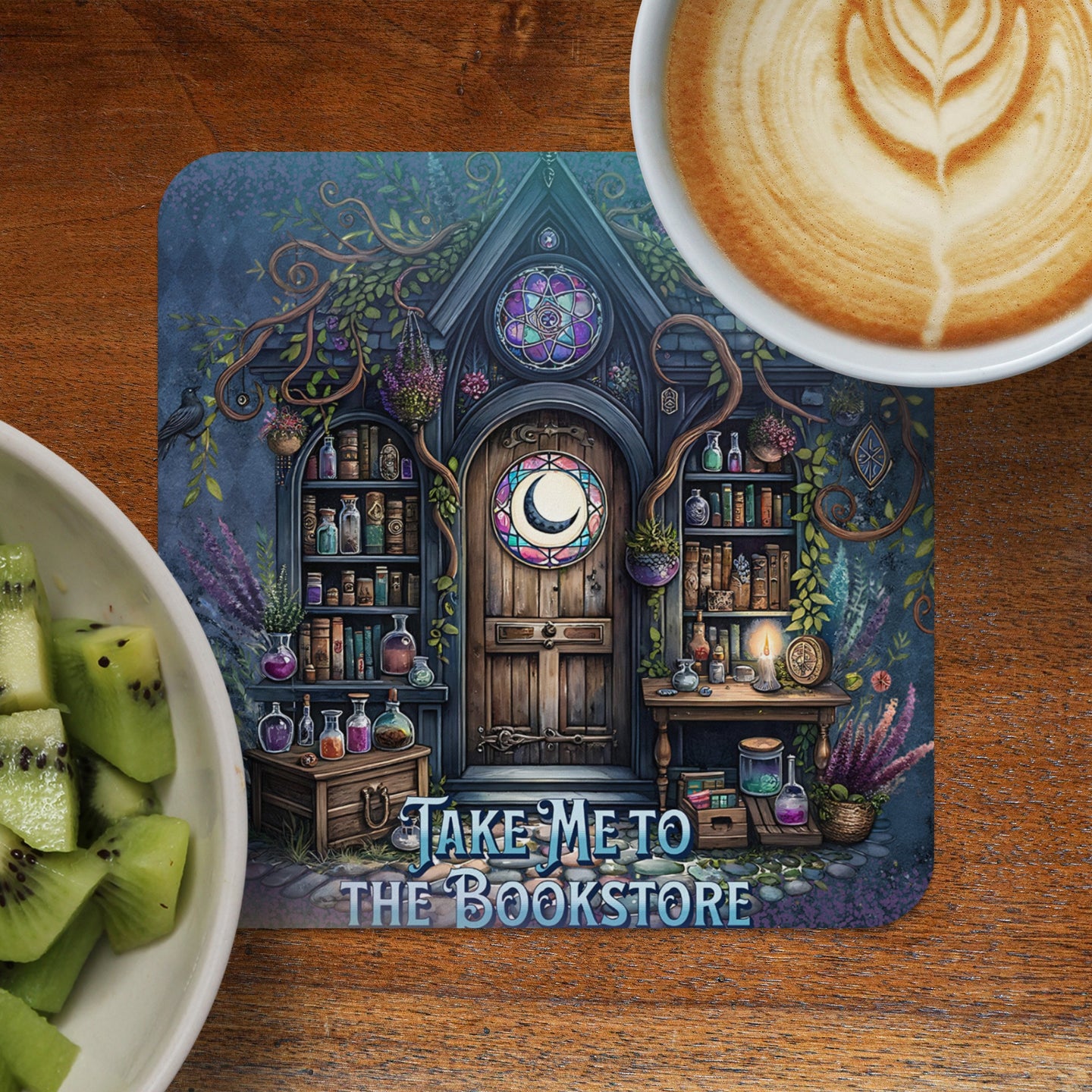 Whimsical bookstore door with moon, shelves of potions, and "Take Me to the Bookstore" text.