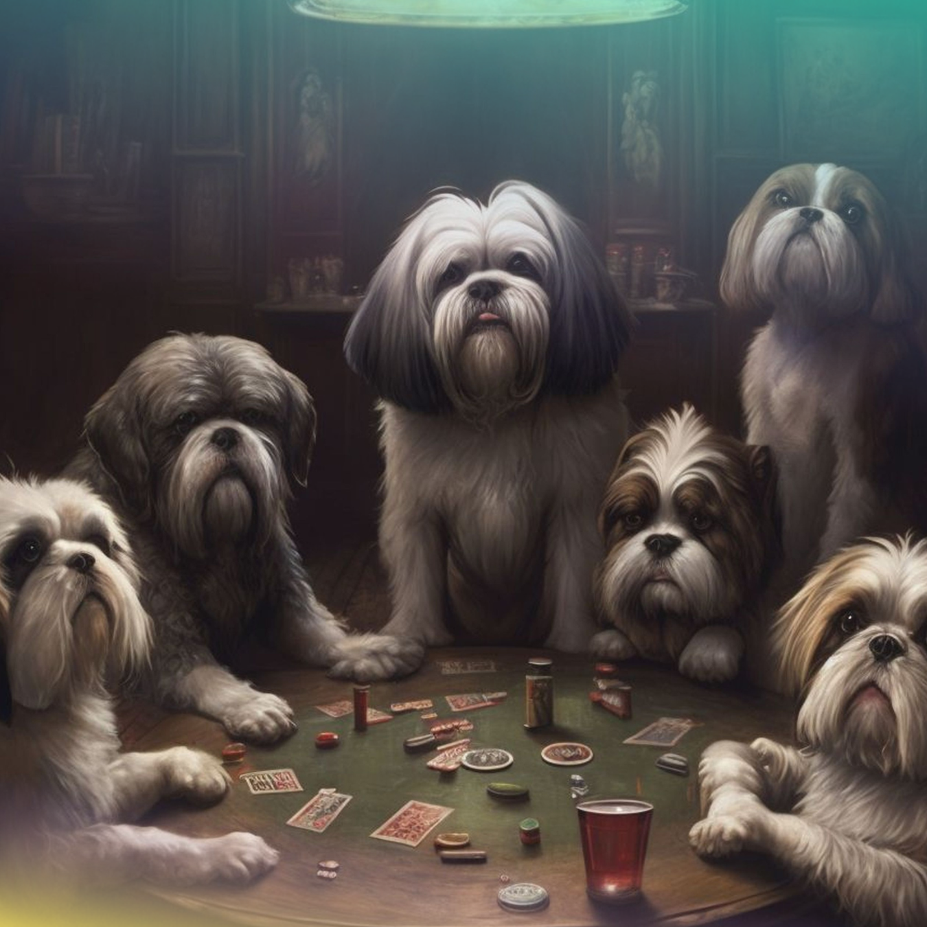 Five shih tzus playing poker around a table with cards and chips.