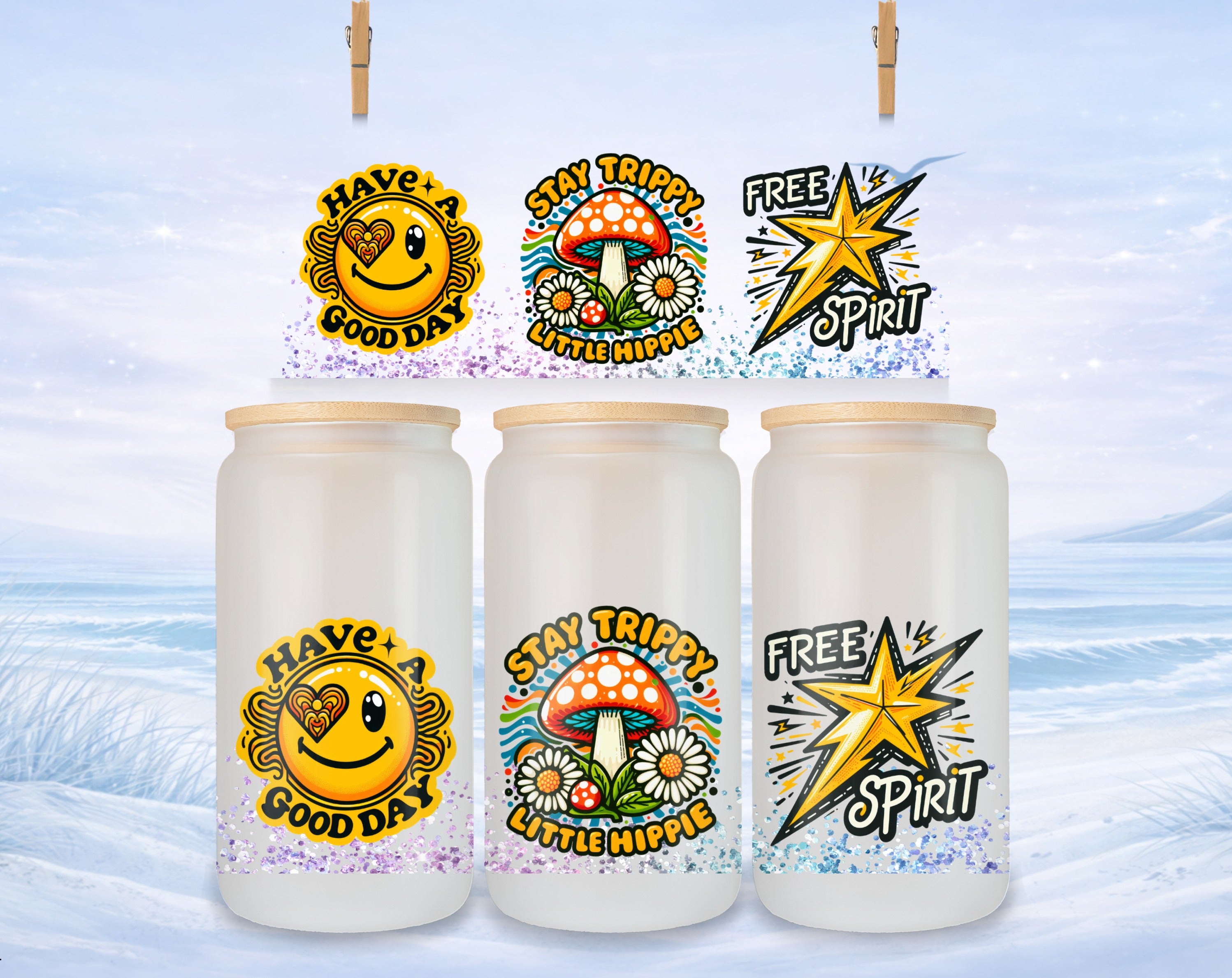 Three glass tumblers with "Have a Good Day," "Stay Trippy Little Hippie," and "Free Spirit" designs.