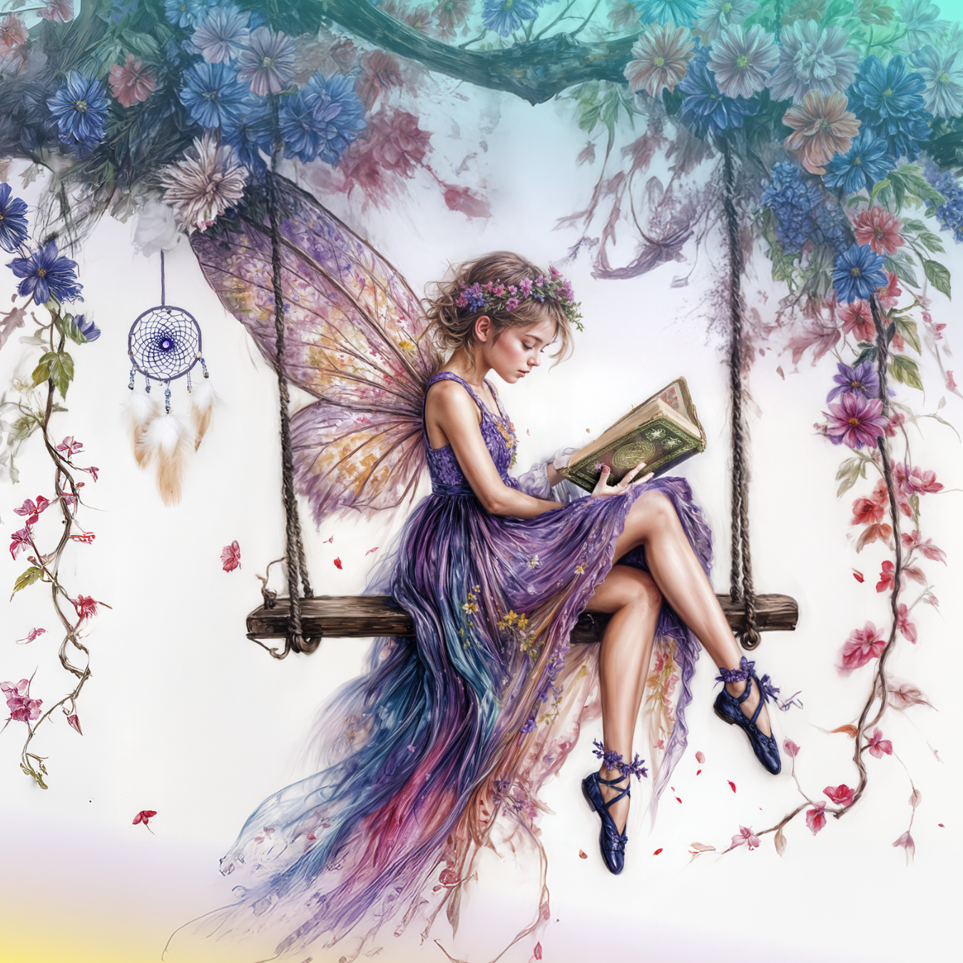 Fairy with purple dress and butterfly wings reads book on a swing.