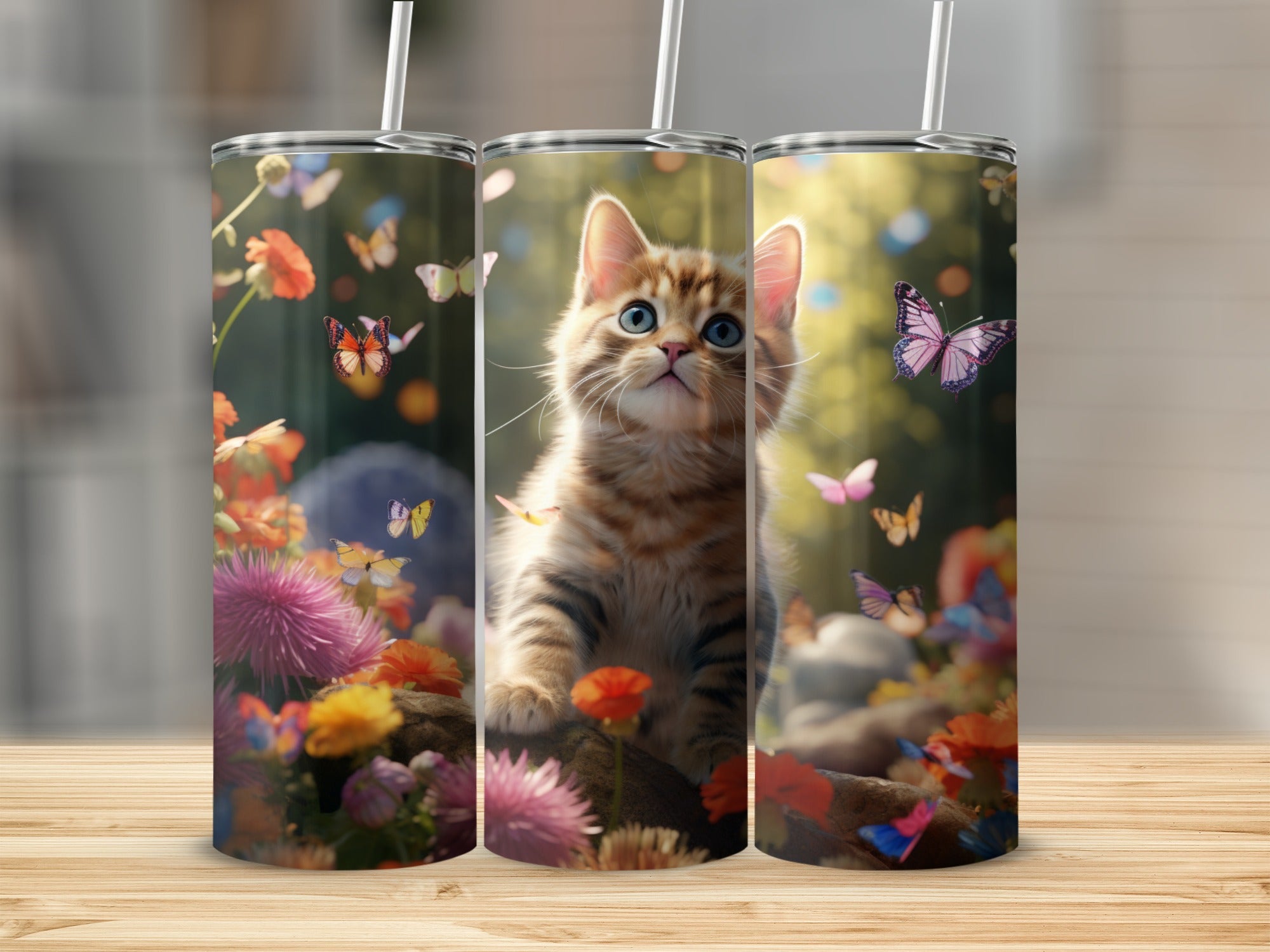 Tabby kitten looking up, surrounded by butterflies and flowers.