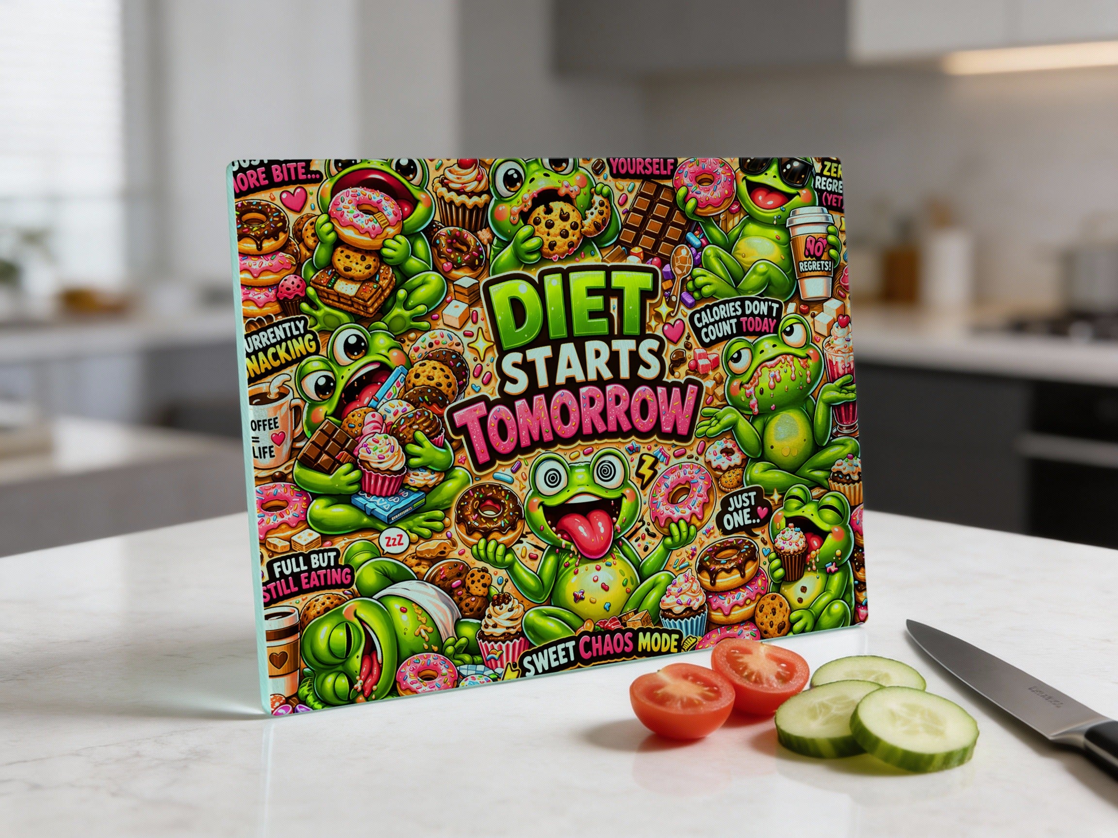 Colorful illustration on a box featuring frogs and sweets with the text "DIET STARTS TOMORROW".