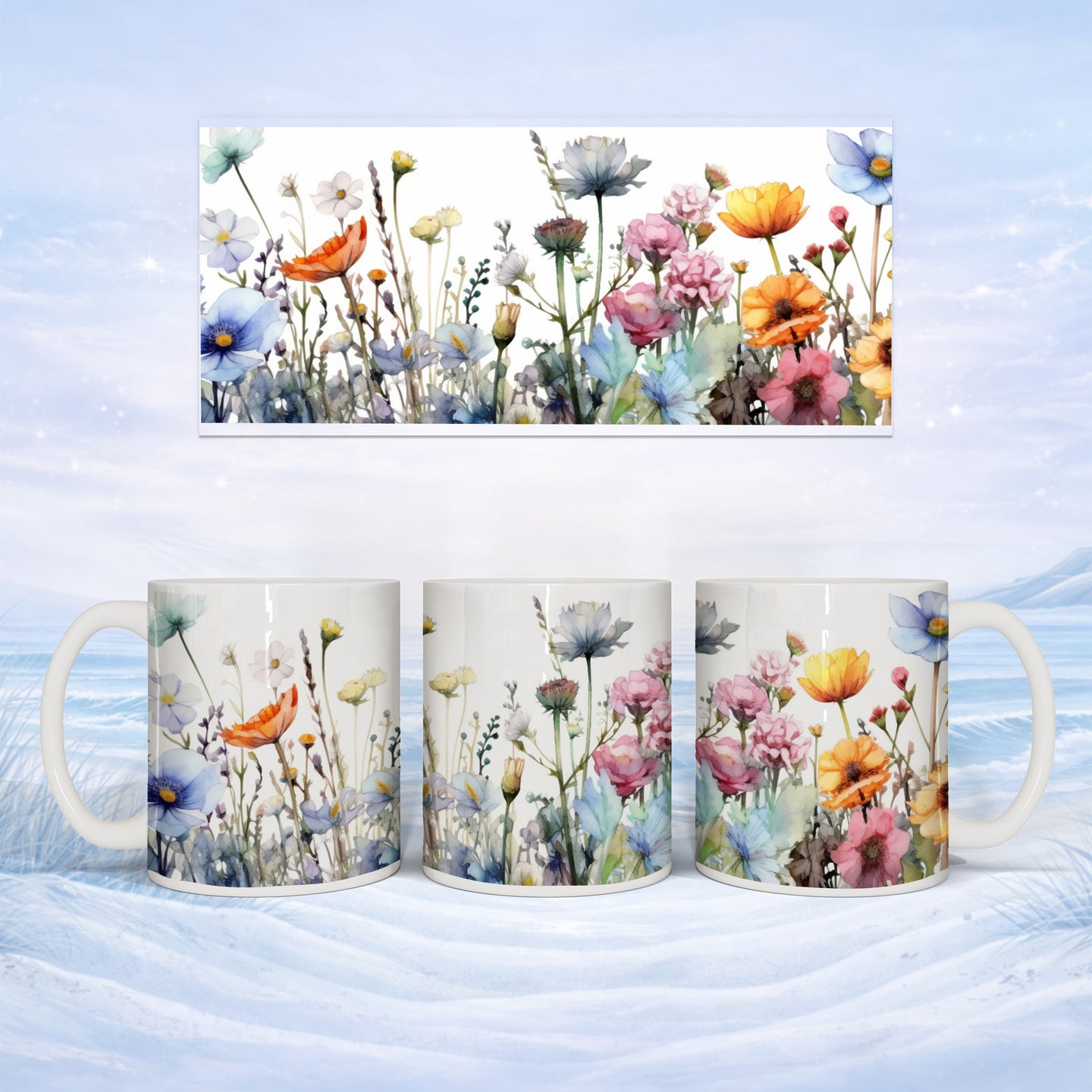 Watercolor wildflowers adorn a white mug, with a panoramic floral band above.