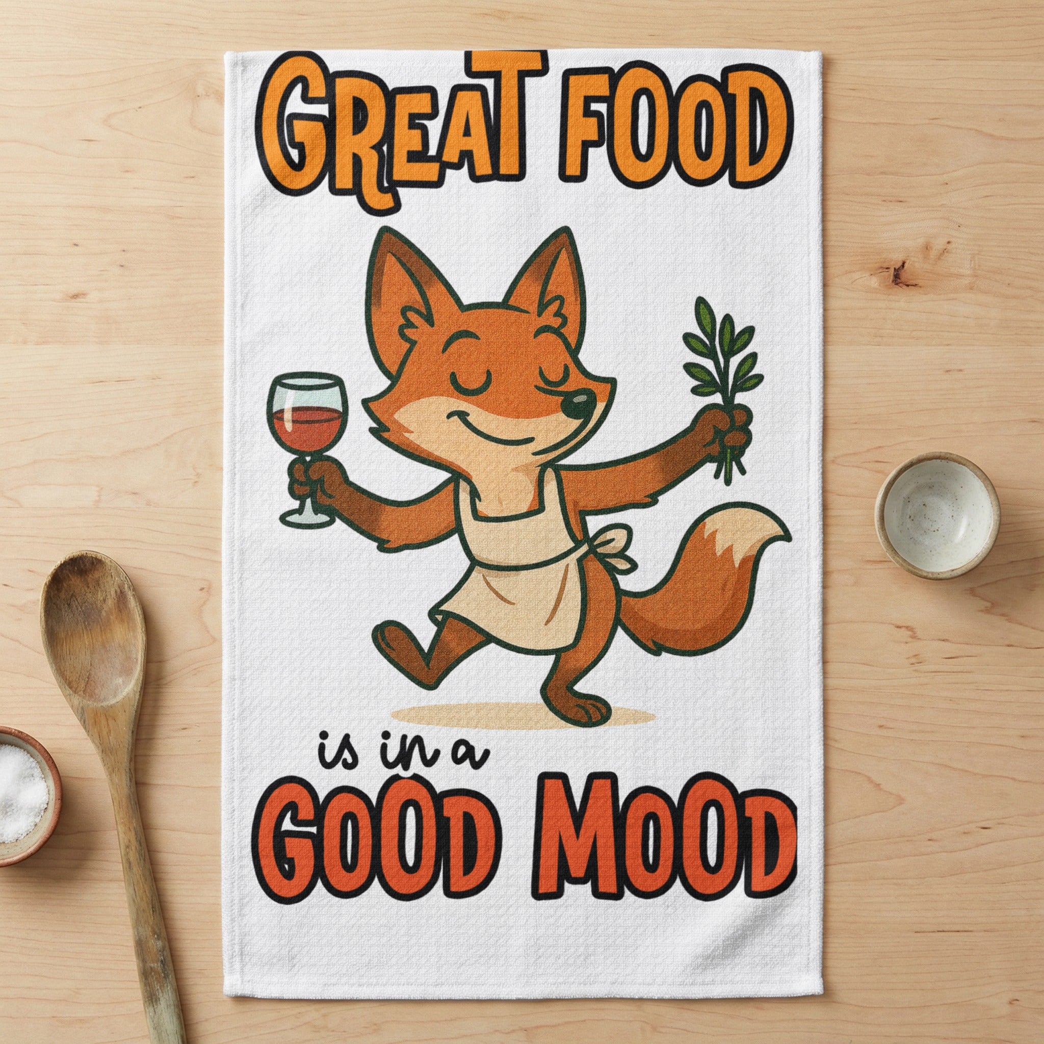 Fox in apron holding wine glass and greenery, "Great Food is in a Good Mood" text.