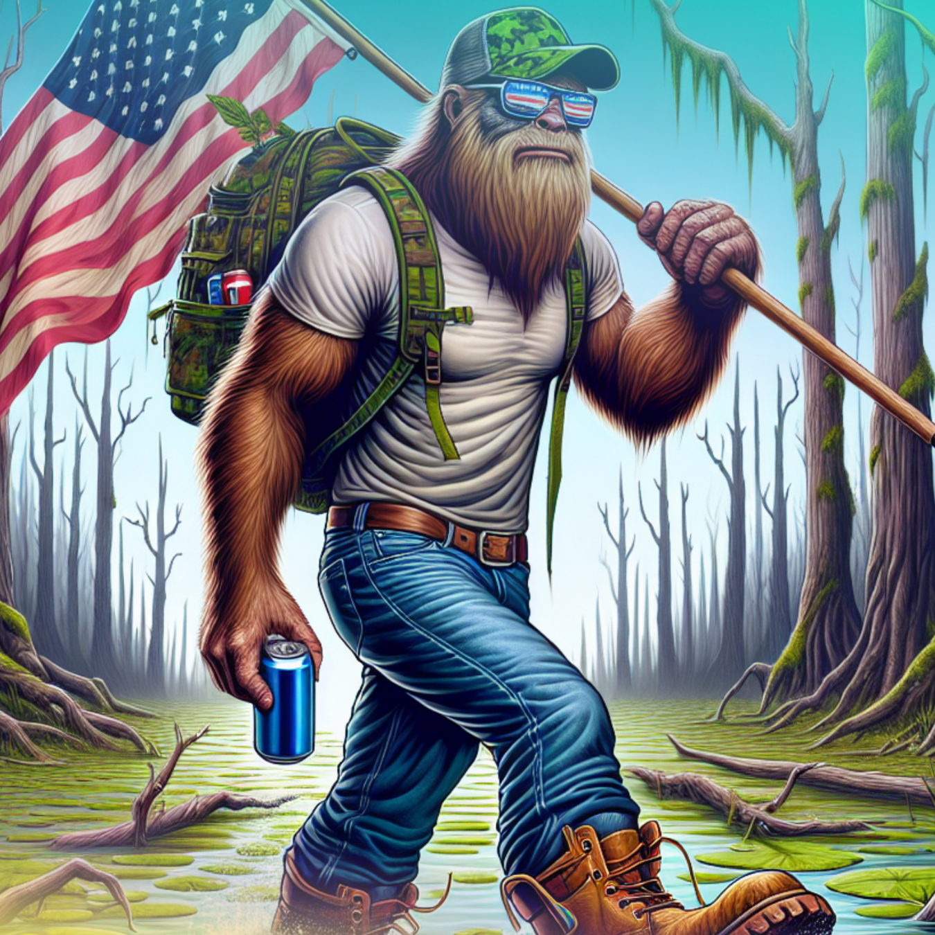 Bigfoot wearing jeans and a backpack carries an American flag and a can.