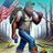Bigfoot wearing jeans and a backpack carries an American flag and a can.