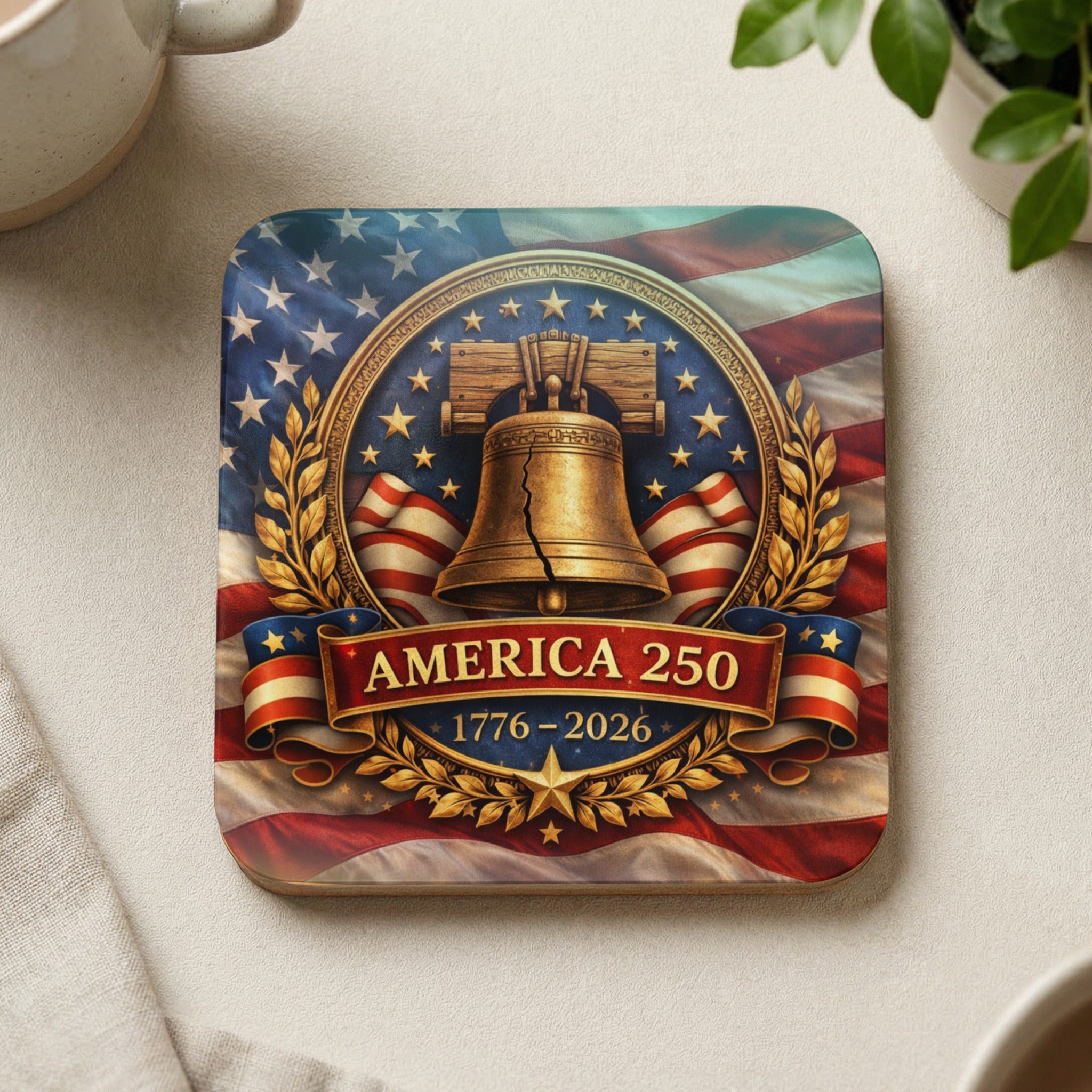 Coaster with Liberty Bell, American flag, and "America 250 1776-2026".