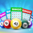 Bingo cards and colorful numbered balls against a blue, sparkly background.