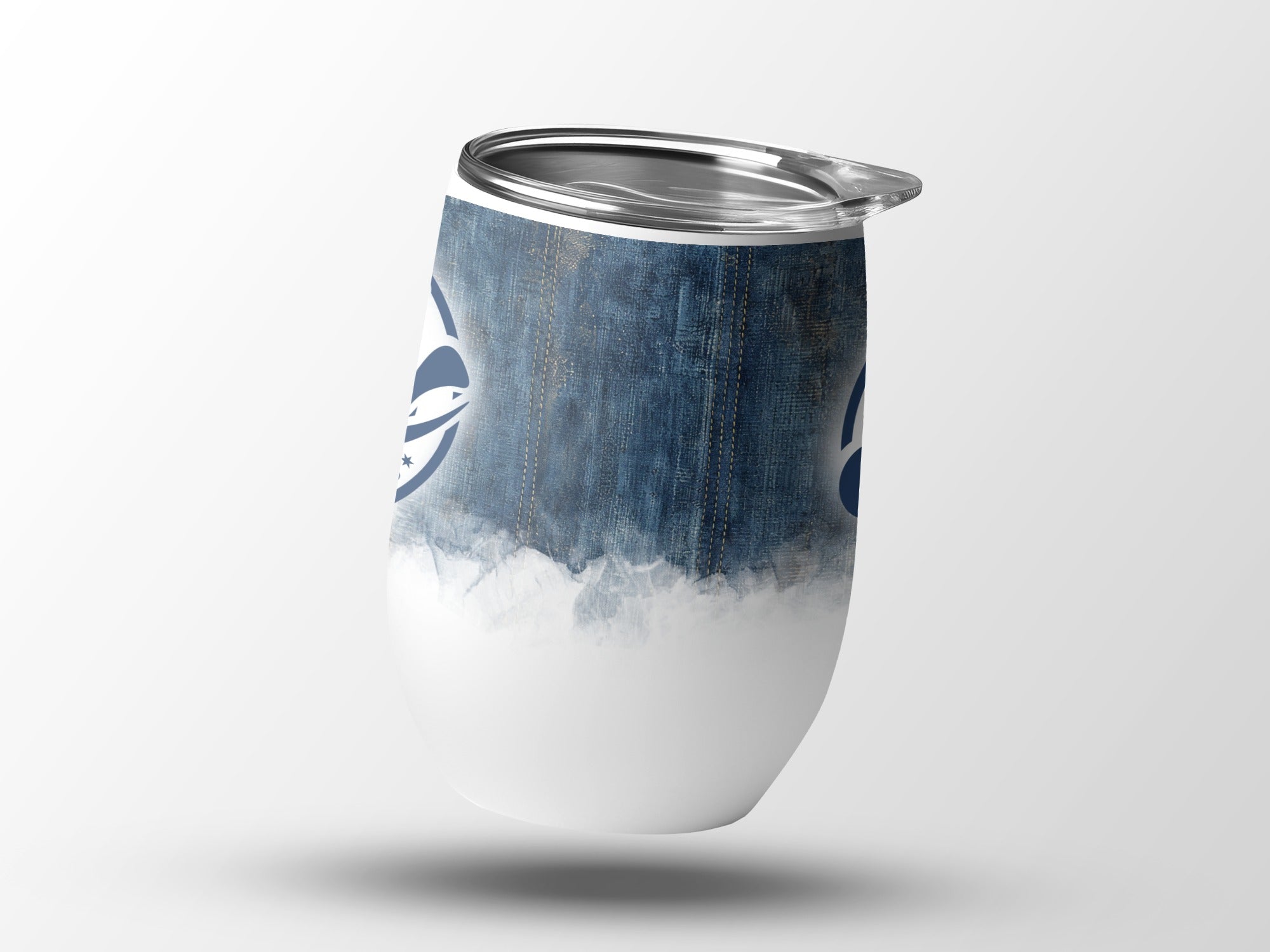 White tumbler with denim pattern and blue logo.