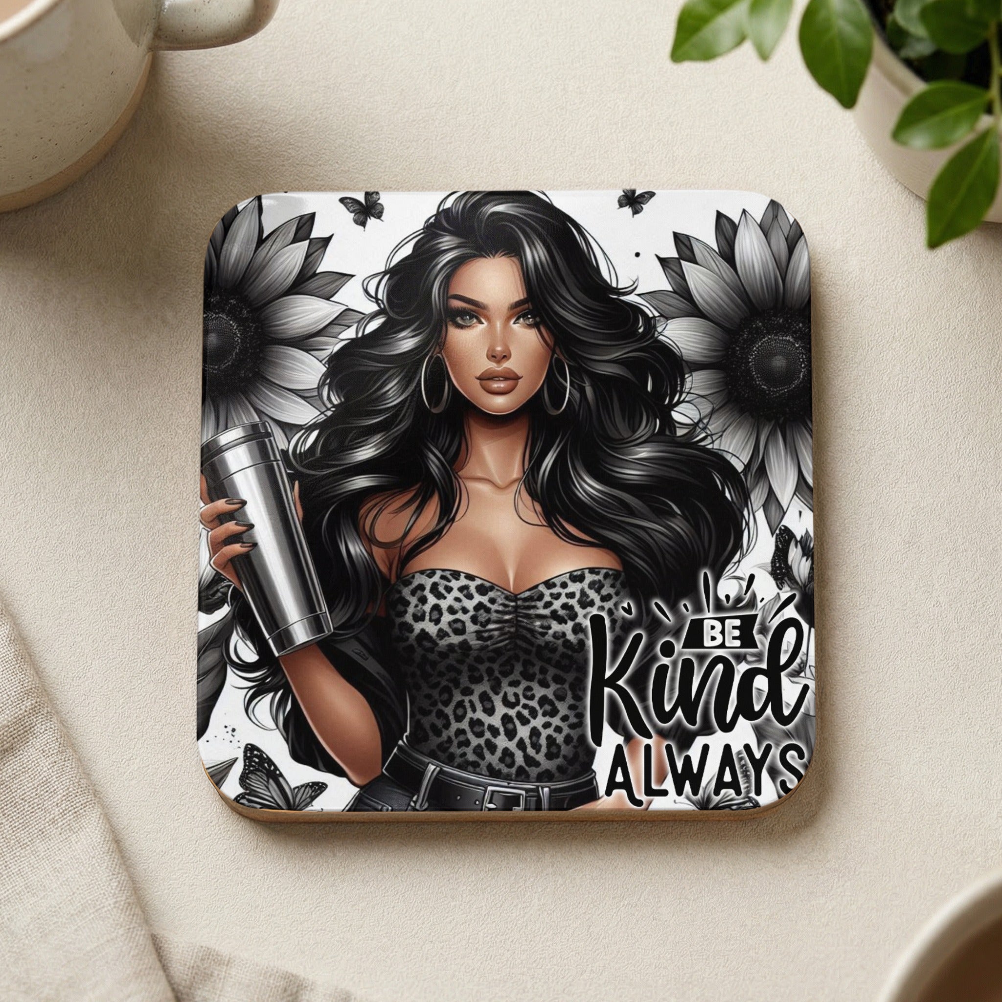 Woman in leopard print holding thermos, sunflowers, butterflies, and text "BE Kind ALWAYS".
