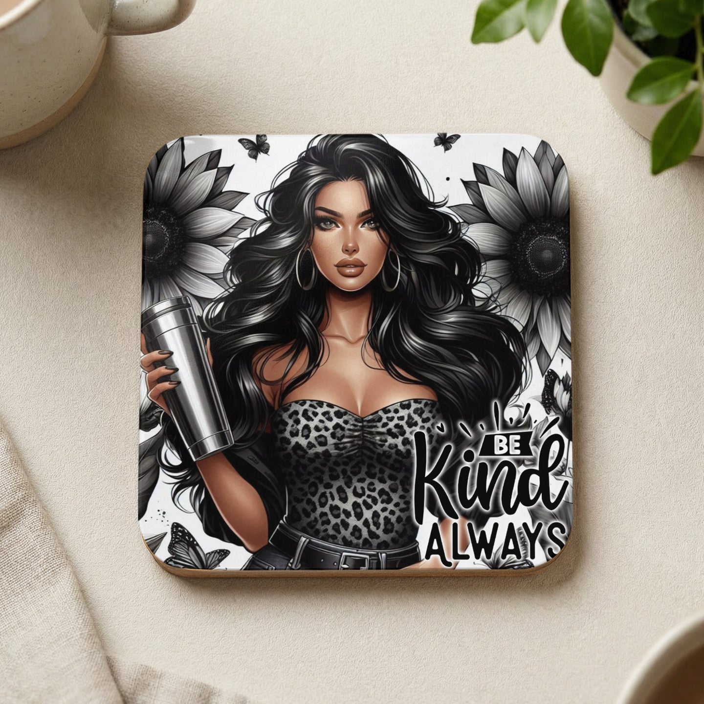 Woman in leopard print holding thermos, sunflowers, butterflies, and text "BE Kind ALWAYS".