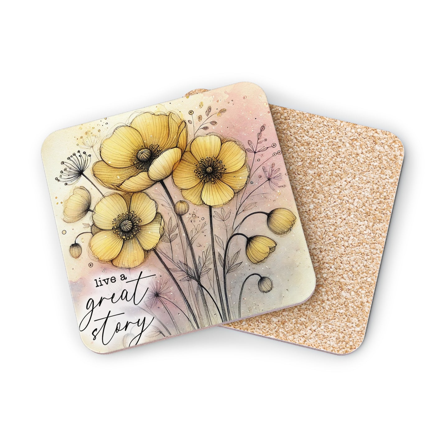 Coasters with yellow flowers and text "live a great story".