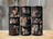 Collage of family photos celebrating a birthday with cake and wine.