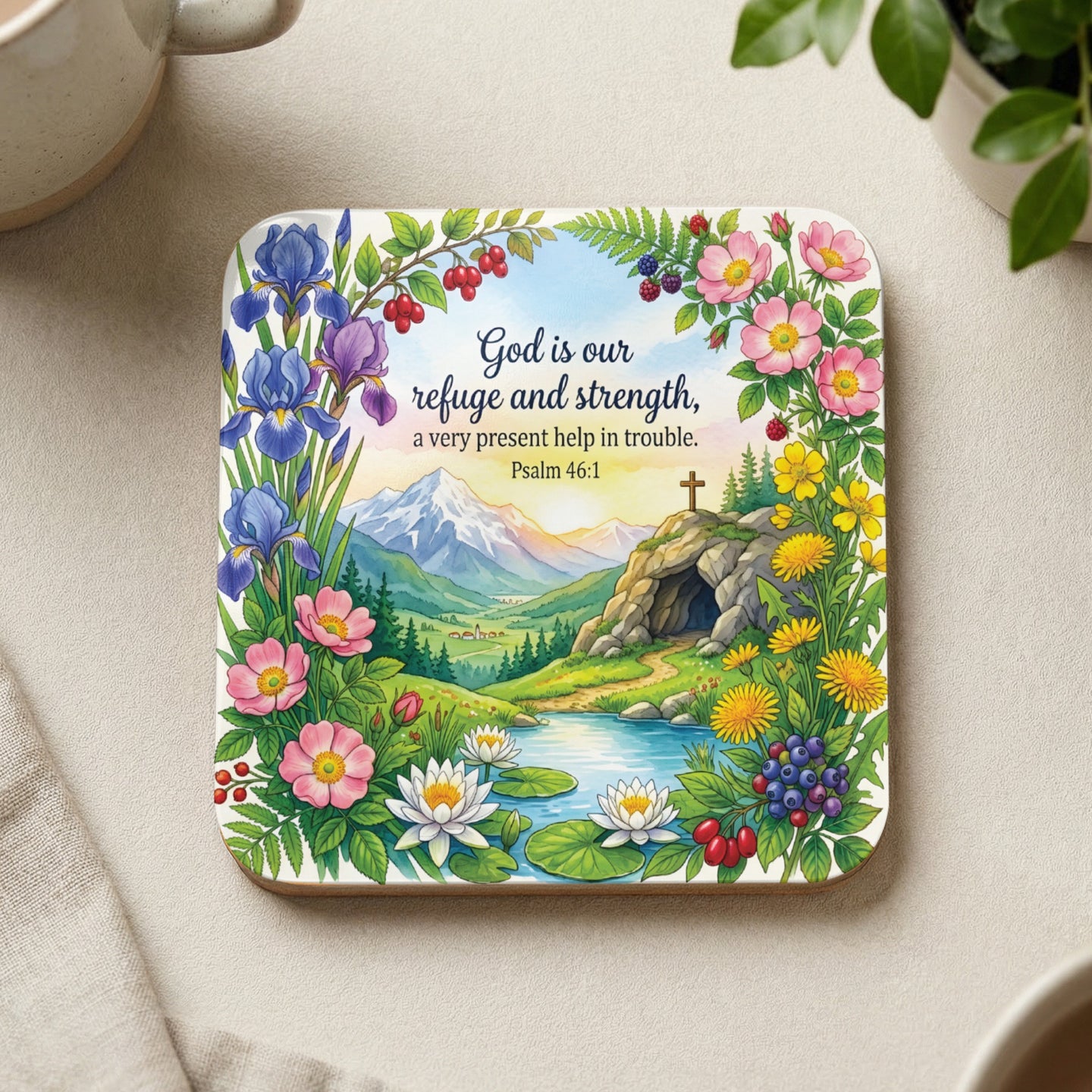 Square coaster with a landscape, water, flowers, and "God is our refuge and strength" Psalm 46:1.