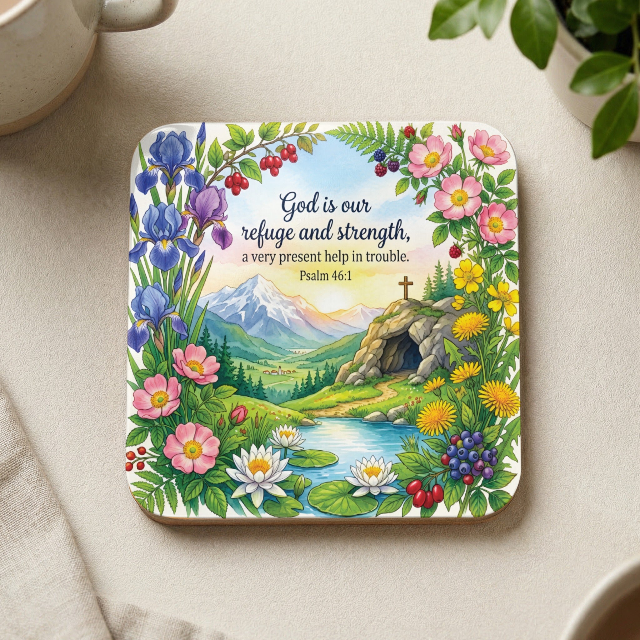Square coaster with a landscape, water, flowers, and "God is our refuge and strength" Psalm 46:1.