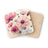 Pink cosmos flowers with "Embrace Life" text on square coasters.