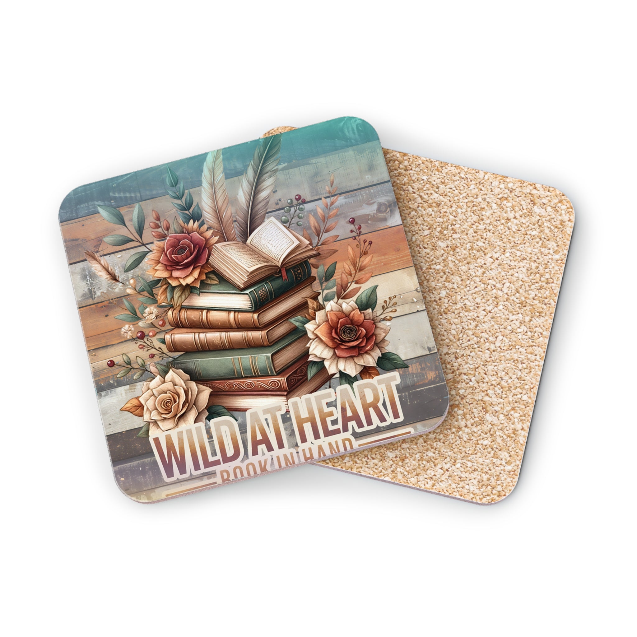 Coaster with stack of books, flowers, feathers, and text "Wild At Heart".