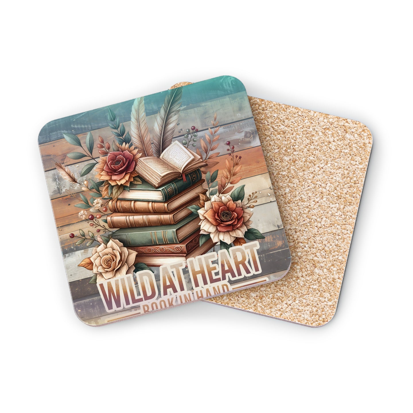 Coaster with stack of books, flowers, feathers, and text "Wild At Heart".