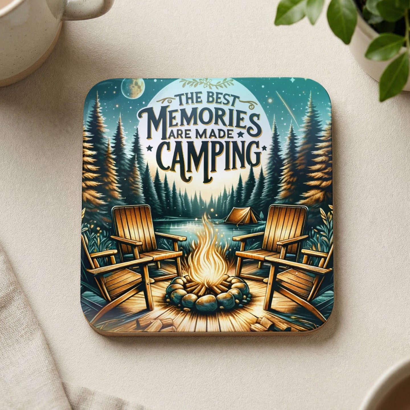Two Adirondack chairs by a campfire overlooking a lake with the text "The Best Memories Are Made Camping."