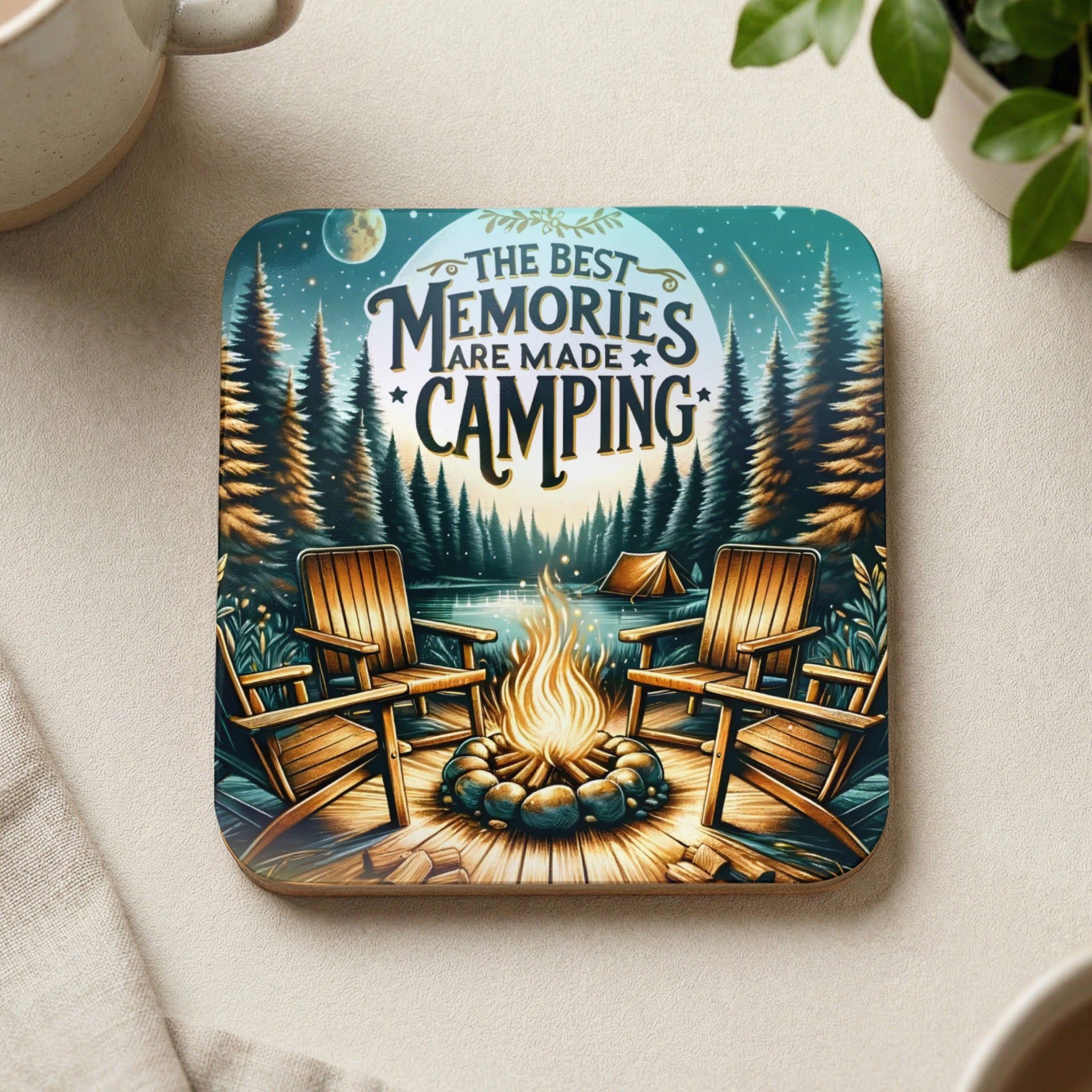 Two Adirondack chairs by a campfire overlooking a lake with the text "The Best Memories Are Made Camping."
