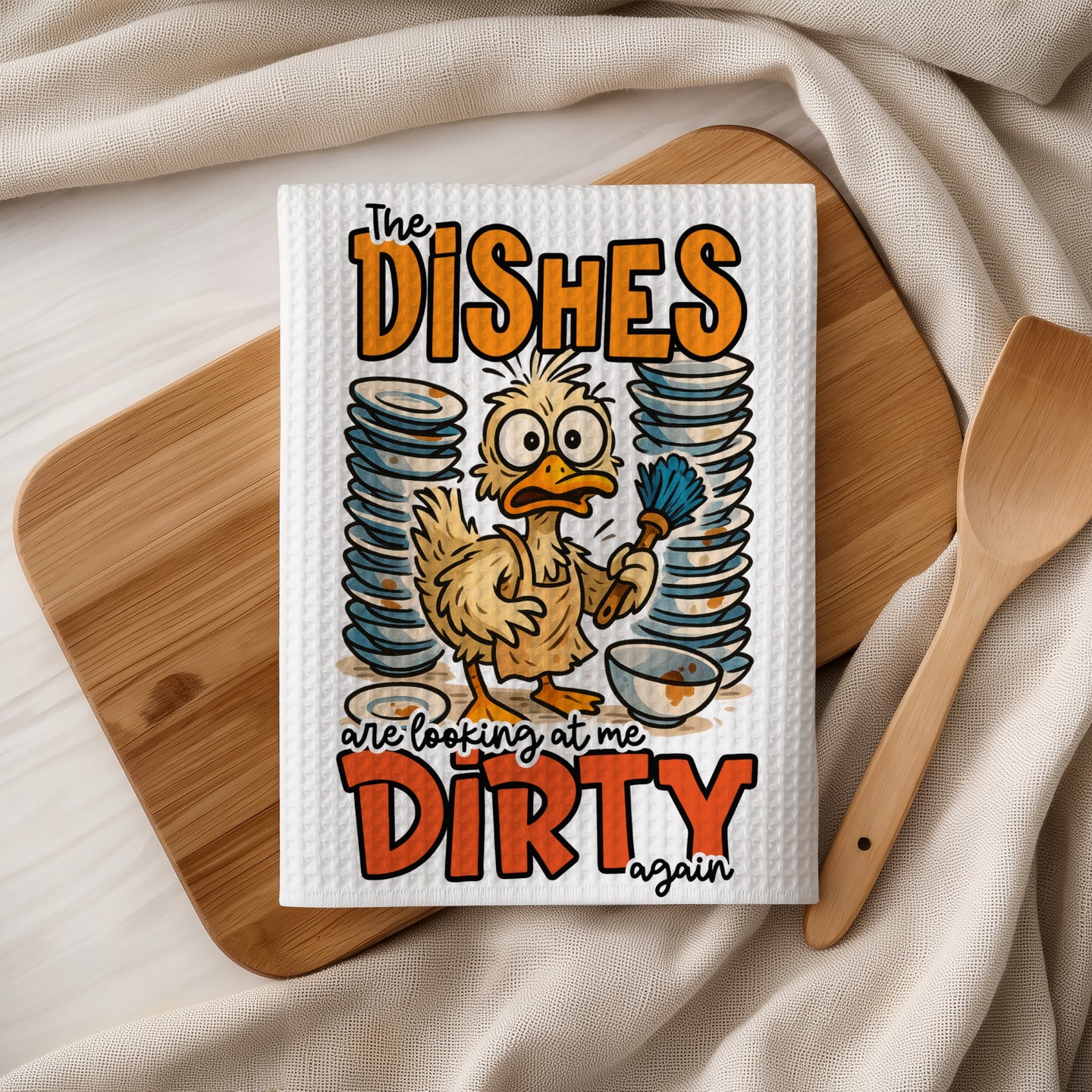 Cartoon chicken with text "The dishes are looking at me dirty again"