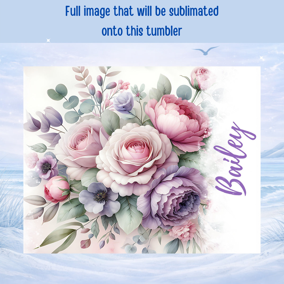 Floral arrangement with pink and purple roses, and the name "Bailey" on the right.