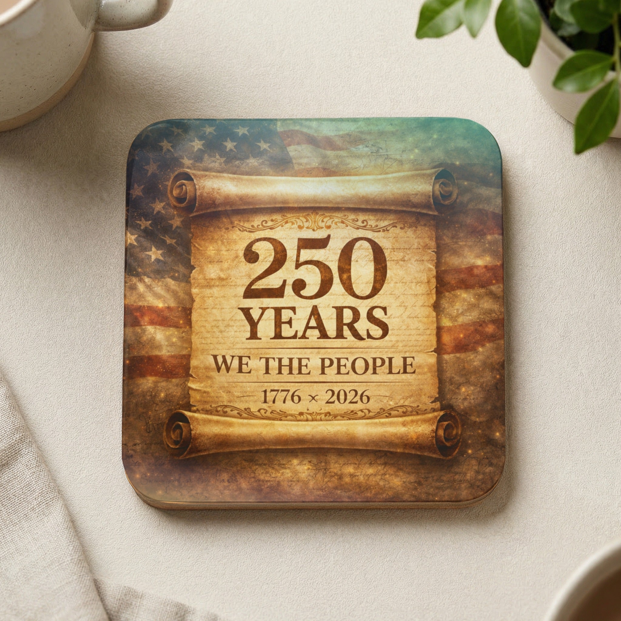 Coaster with Declaration of Independence imagery and "250 YEARS WE THE PEOPLE 1776 x 2026".