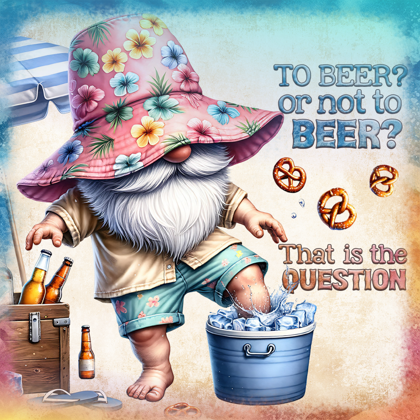 Gnome with a bucket of beer and pretzels, "To beer? Or not to beer?" text.
