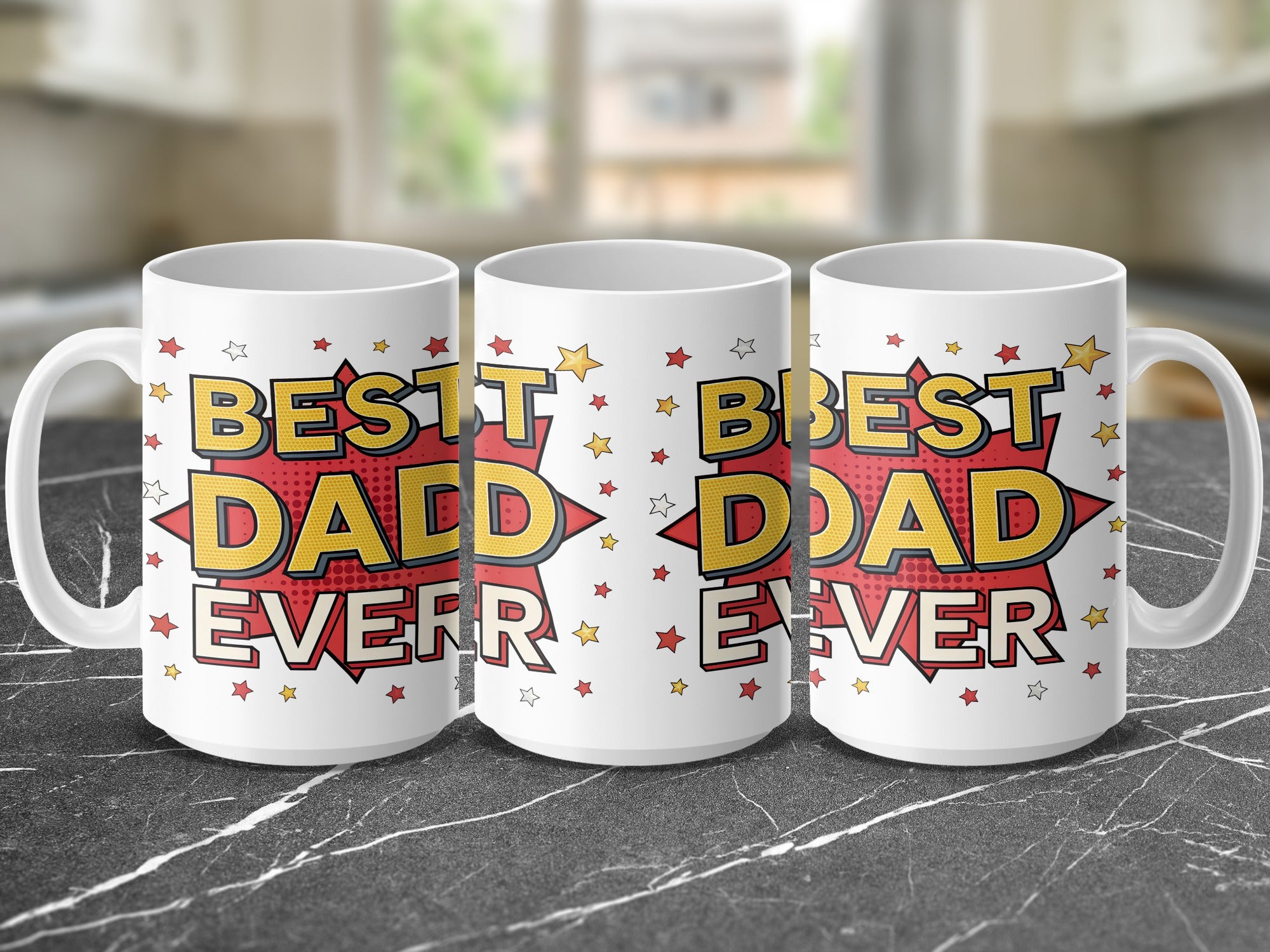 Three white mugs with "Best Dad Ever" in bold red and yellow text.