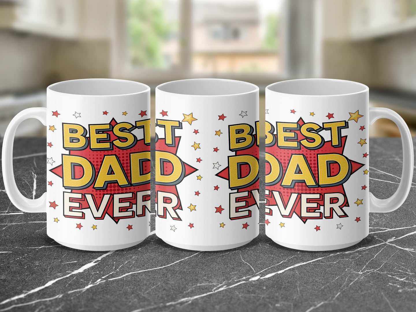 Three white mugs with "Best Dad Ever" in bold red and yellow text.