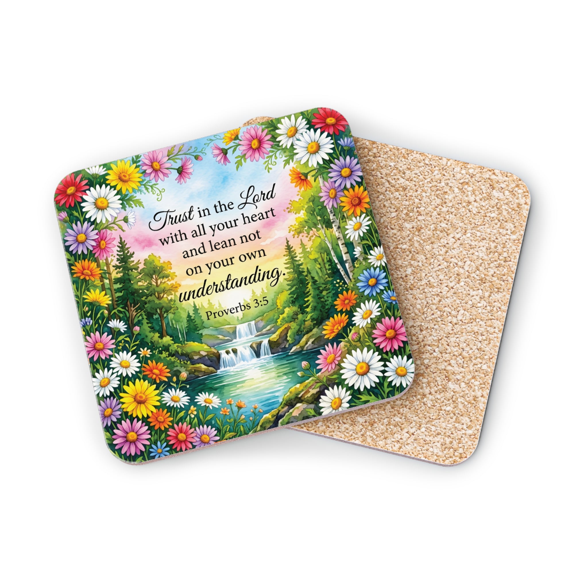 Coaster with floral border and Proverbs 3:5 verse about trusting the Lord.