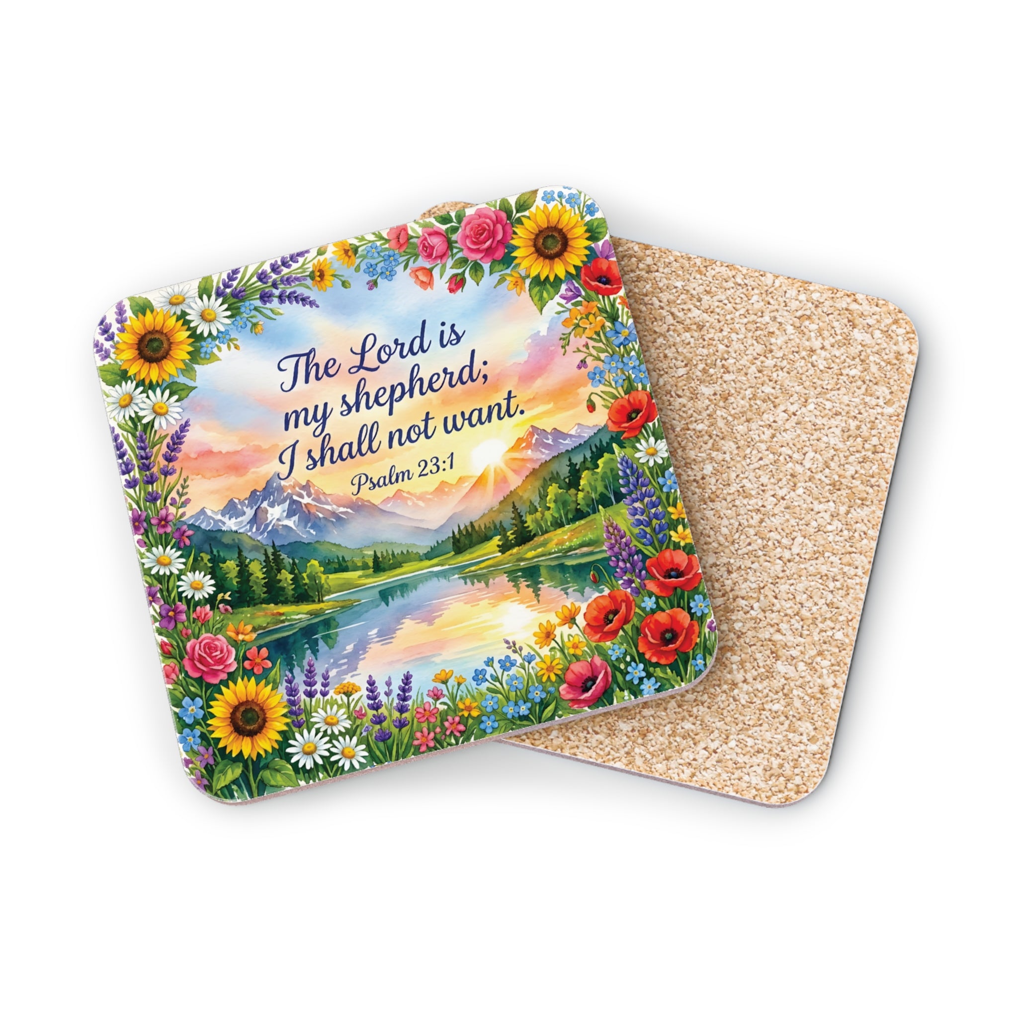 Coaster with floral border, mountains, lake, and Psalm 23:1 text.