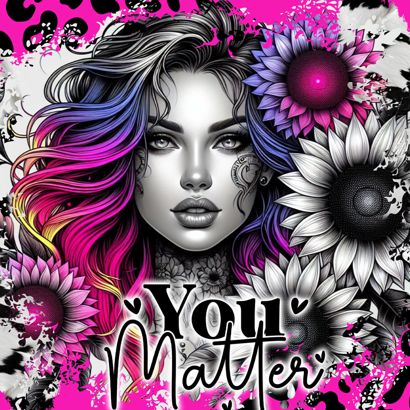 Tattooed woman with colorful hair, surrounded by sunflowers and abstract pink and black patterns.