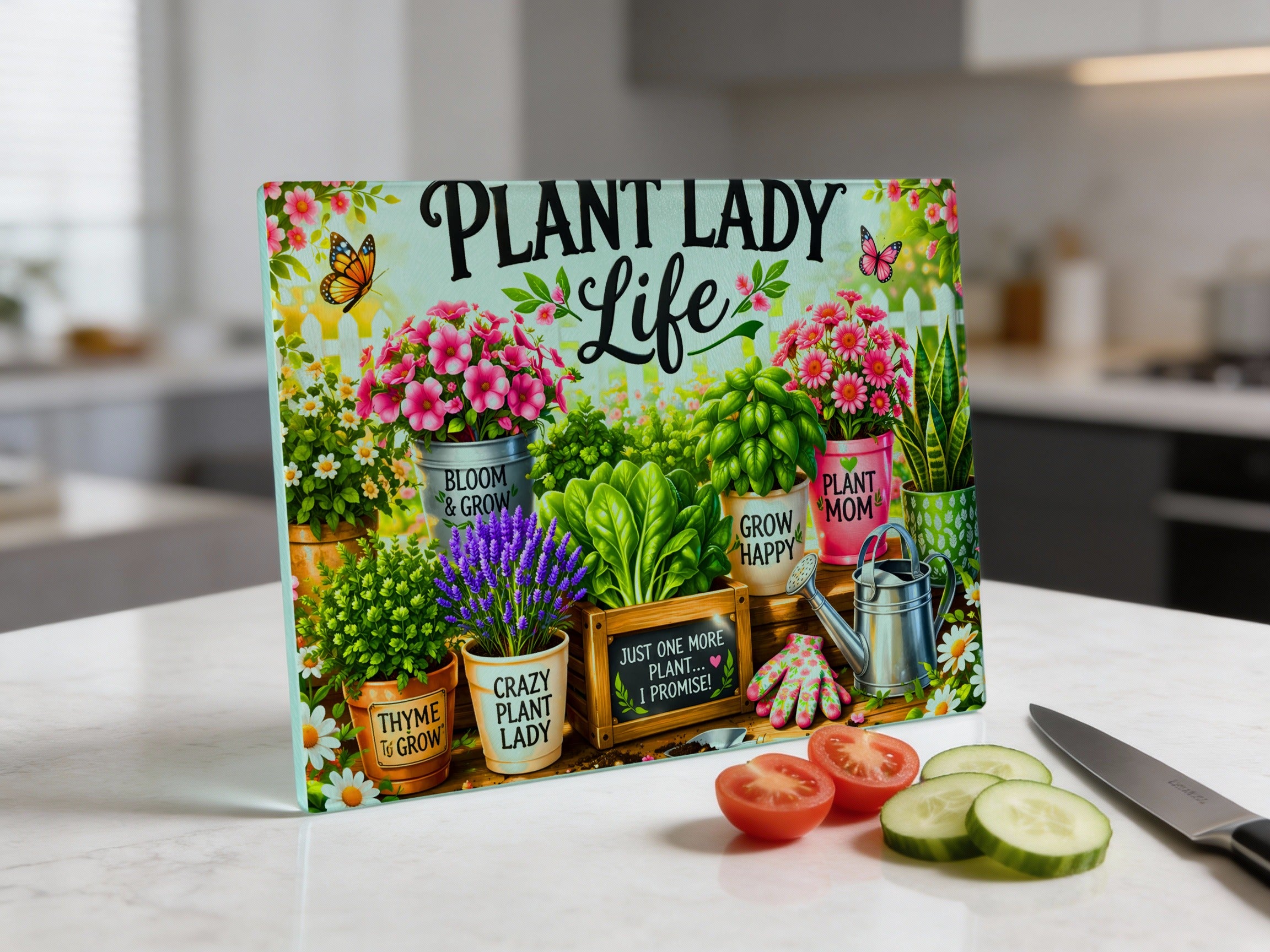 Cutting board with "Plant Lady Life" text and floral graphics.