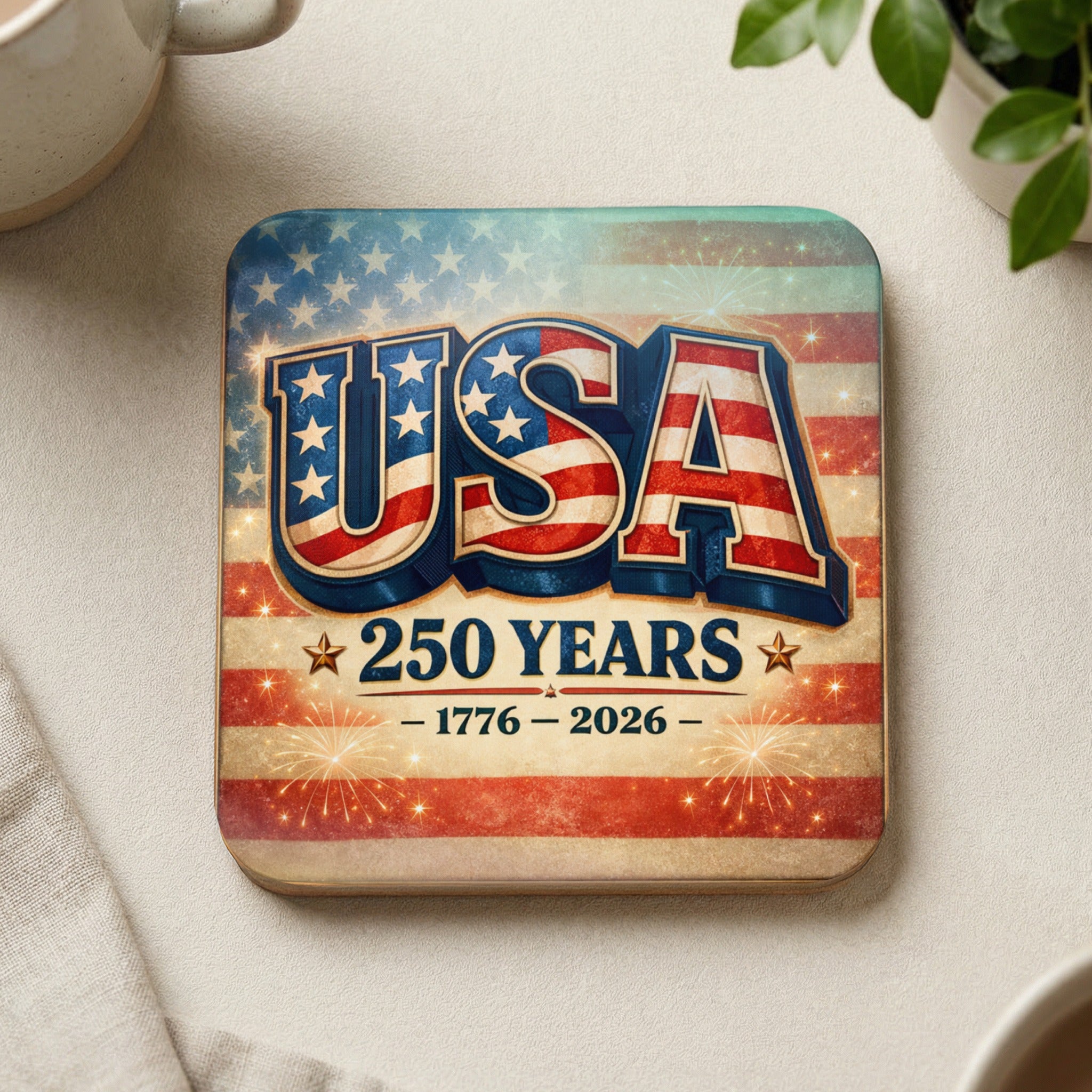 USA 250 years 1776-2026 coaster with fireworks and flag background.