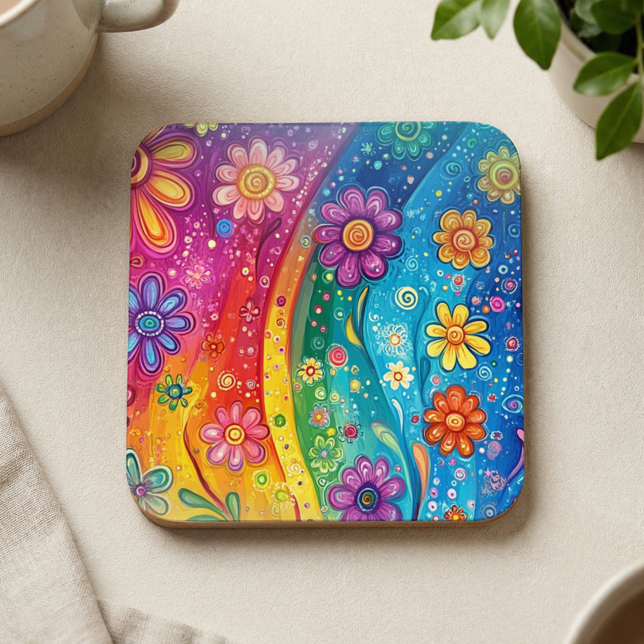 Square coaster with a rainbow arch of colorful cartoon flowers.