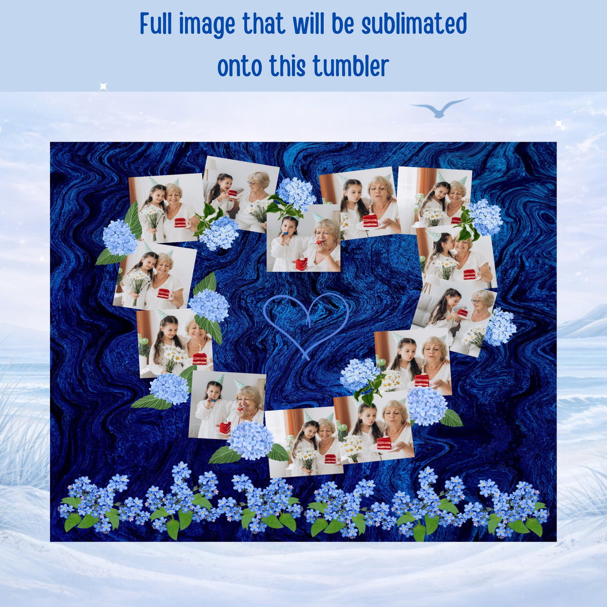Collage of photos featuring women and cakes on a blue, wavy background with flowers.