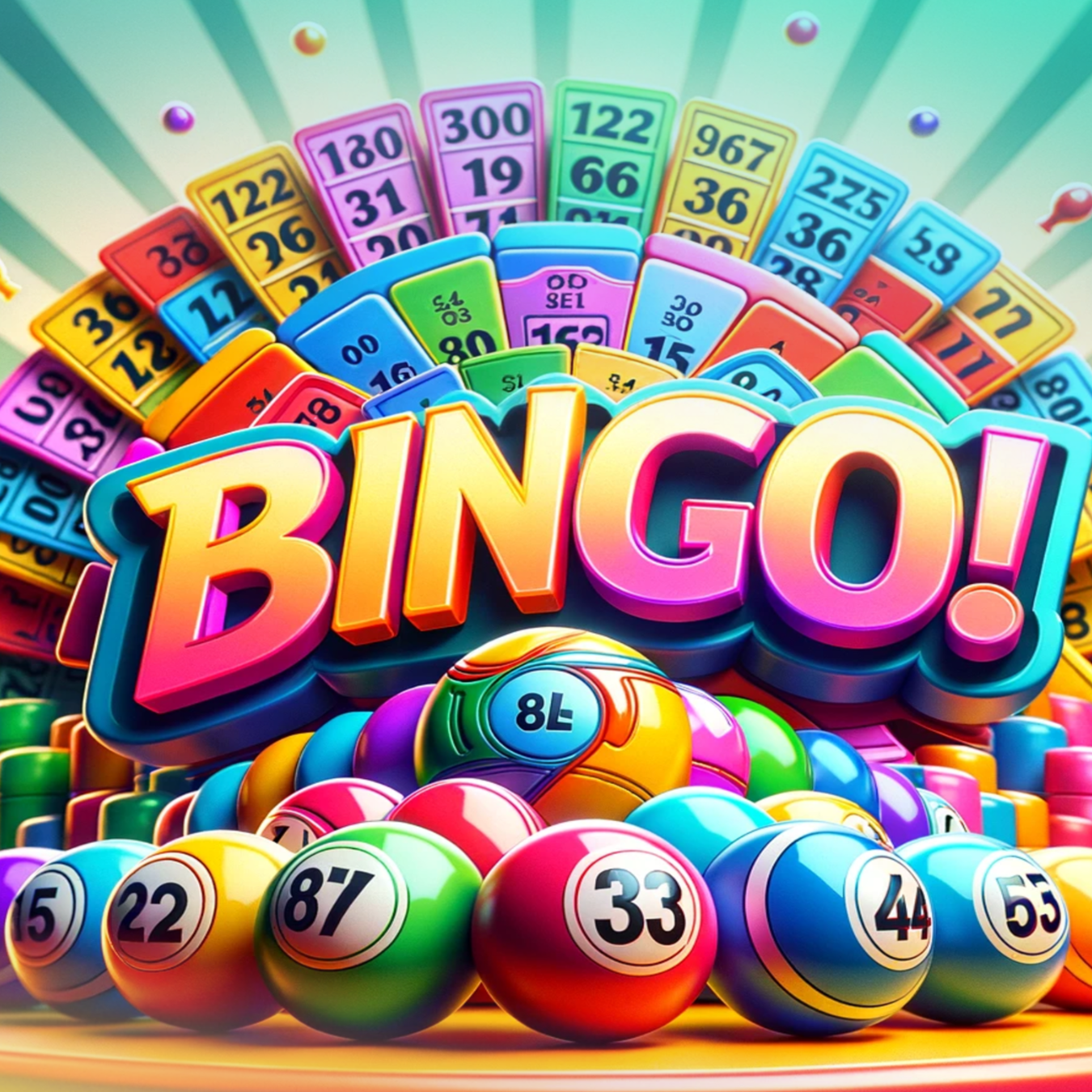 Colorful BINGO sign with numbered balls in foreground and background.