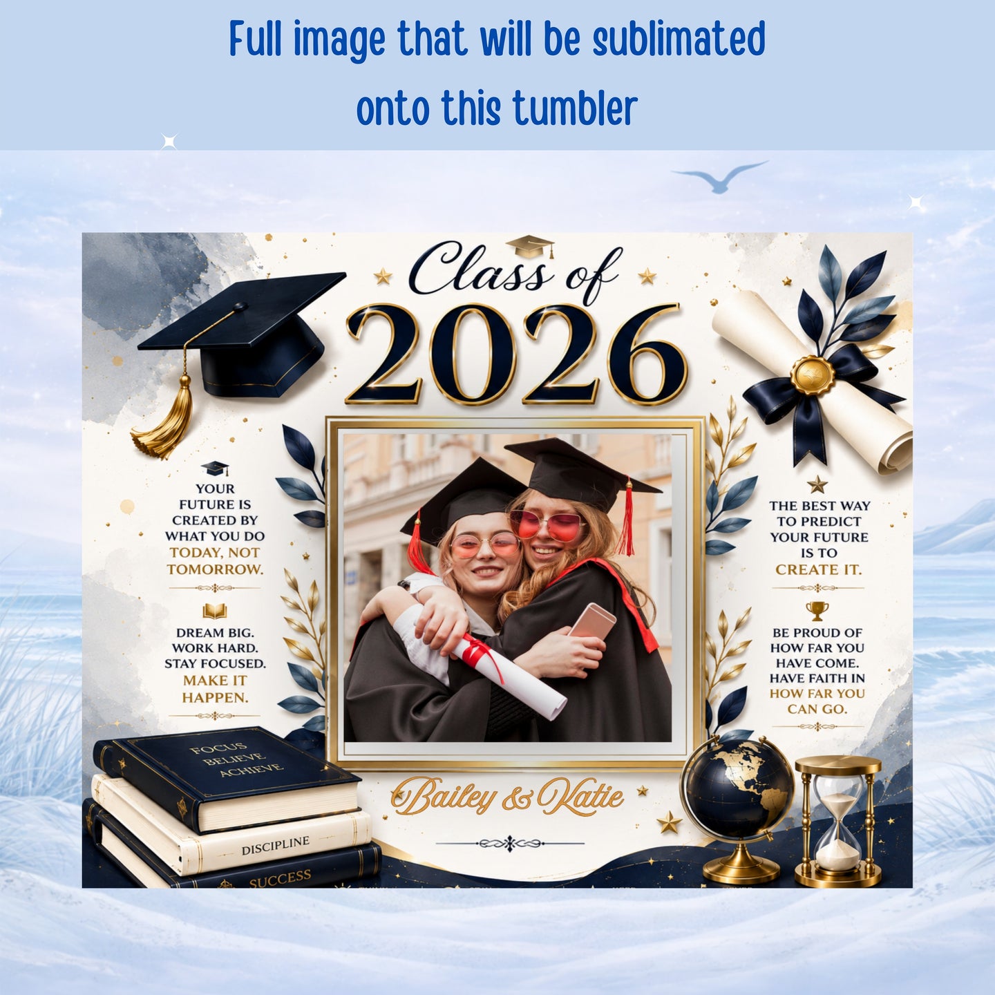 Graduates in caps and gowns, "Class of 2026" text, motivational quotes.