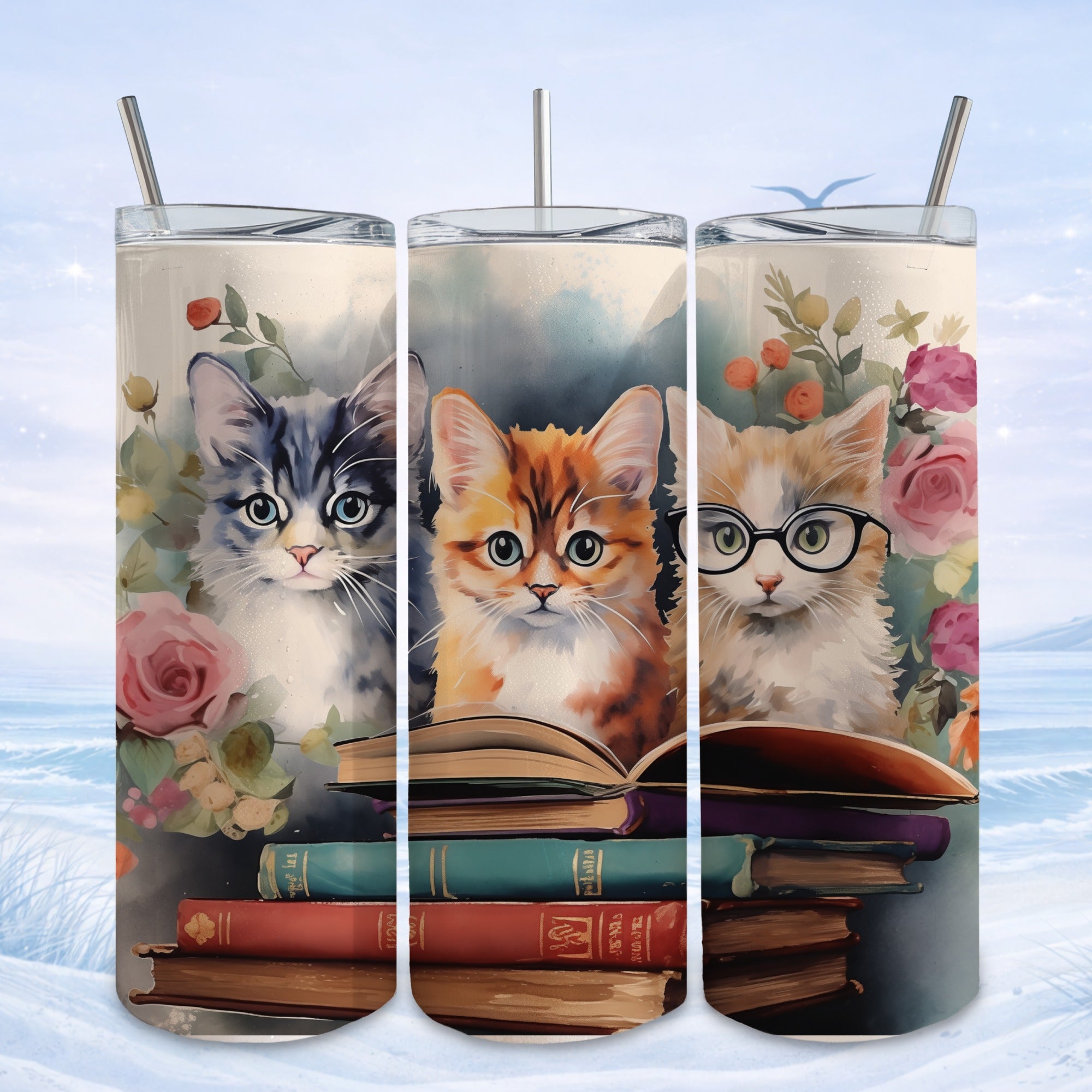 Three kittens sit on stacks of books with a winter landscape background.