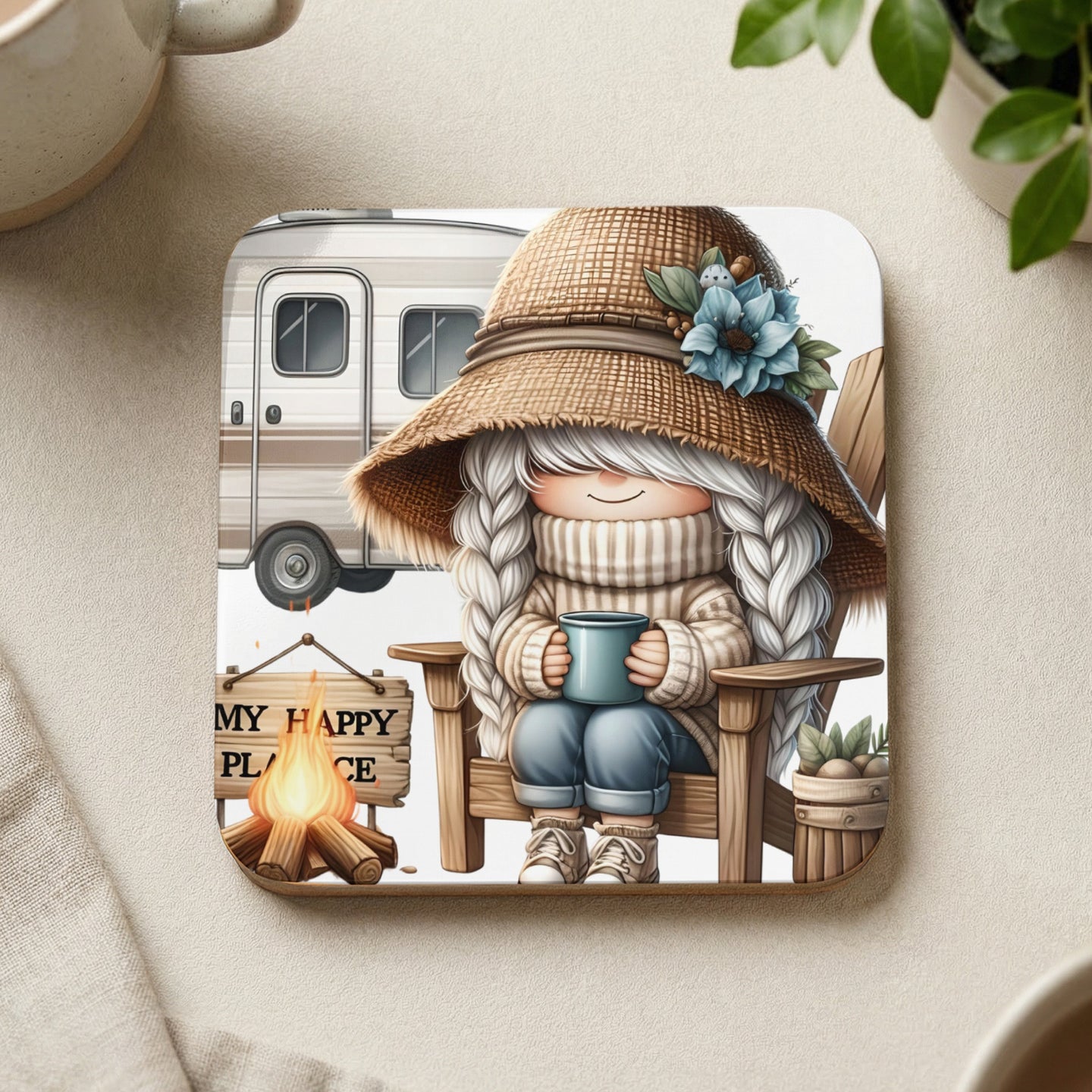 Coaster featuring a cartoon camper, campfire, and person in a hat holding a mug.