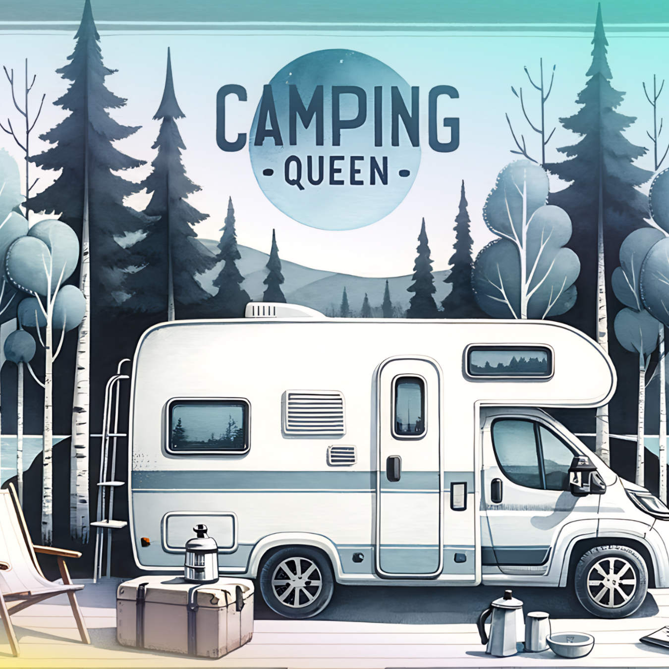 White RV with "Camping Queen" text, surrounded by trees and camping gear.