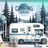 White RV with "Camping Queen" text, surrounded by trees and camping gear.