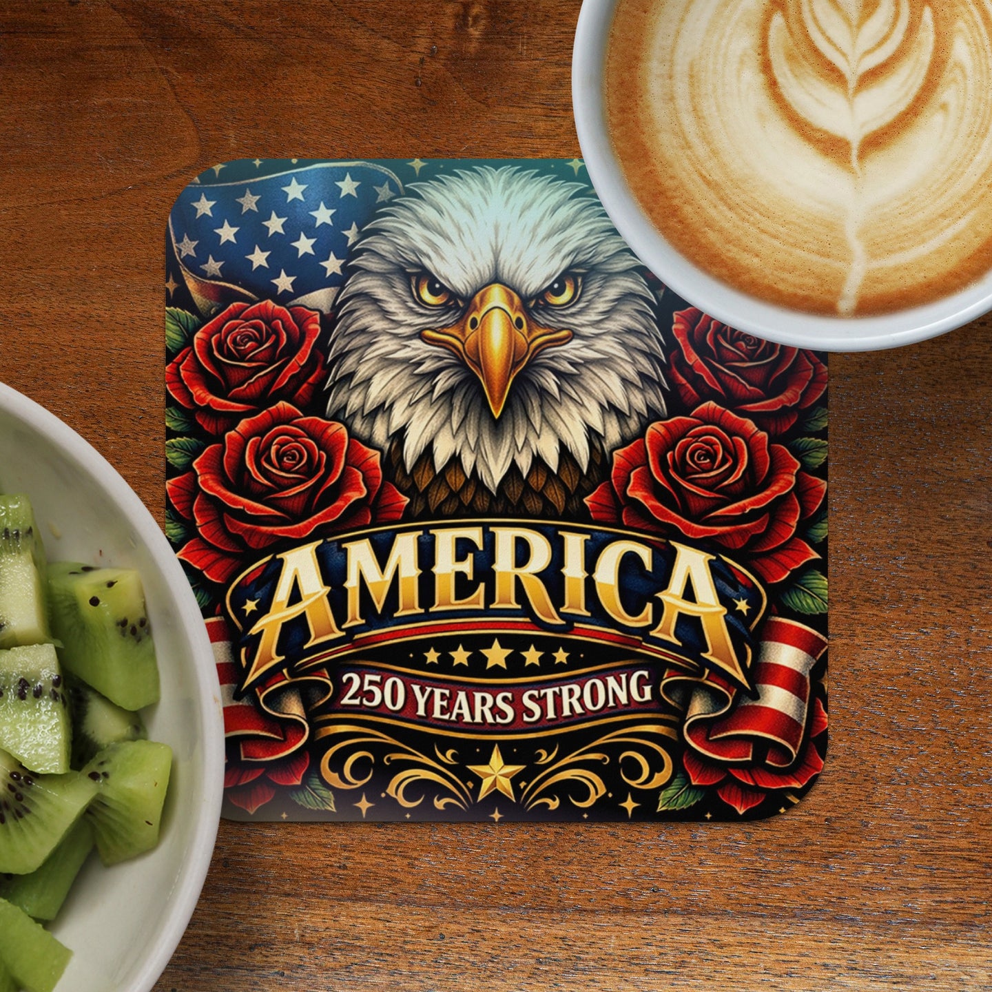 Eagle with roses and "America 250 Years Strong" text.