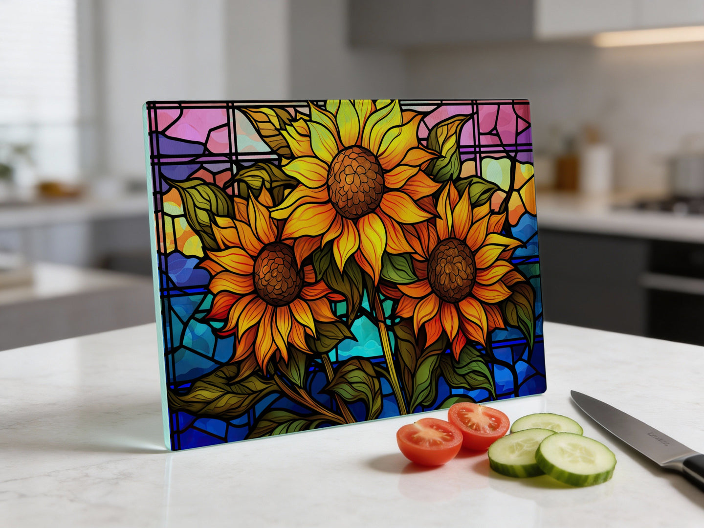 Three stained-glass sunflowers on a cutting board with tomatoes and cucumber.