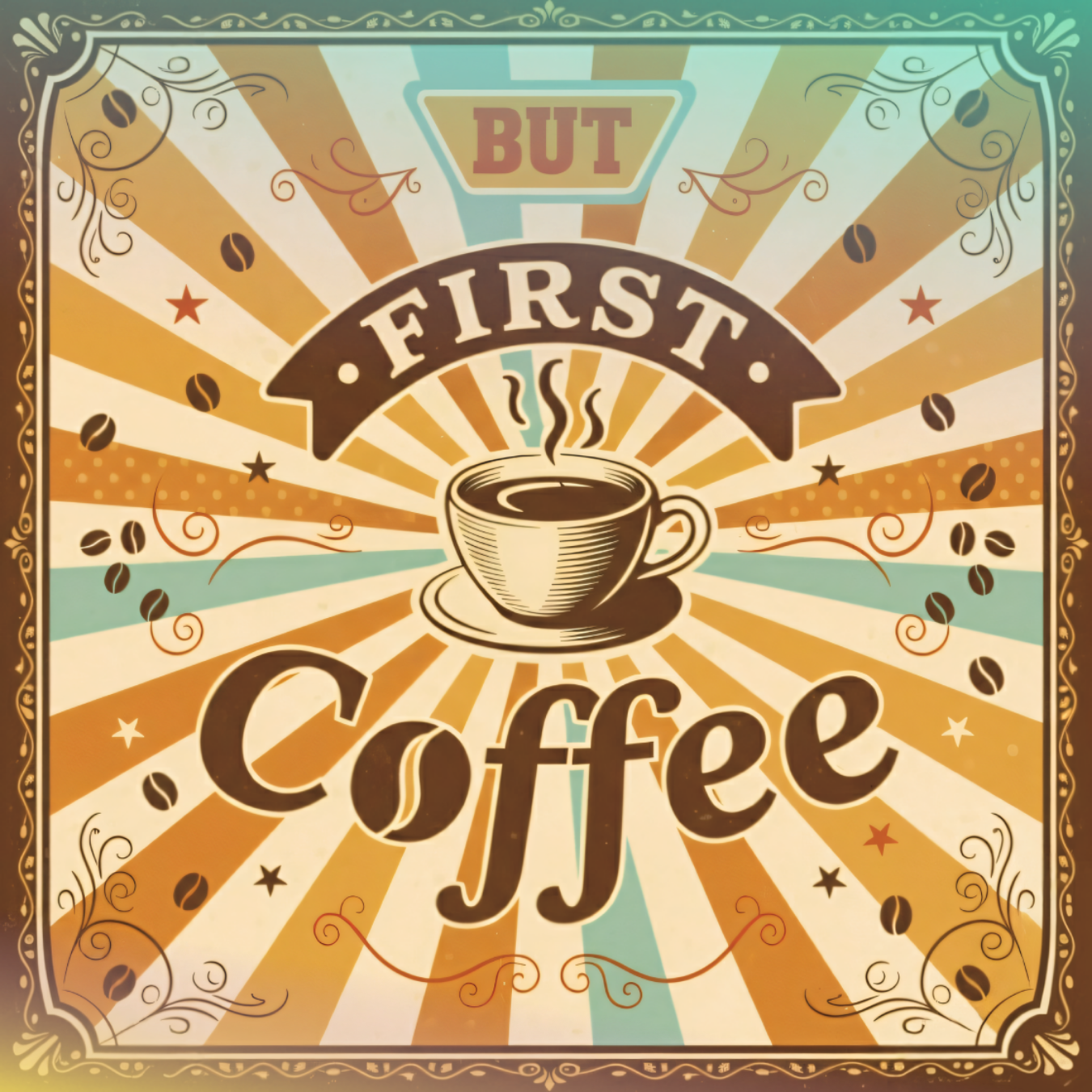 But First Coffee text with steaming coffee cup on vintage background.