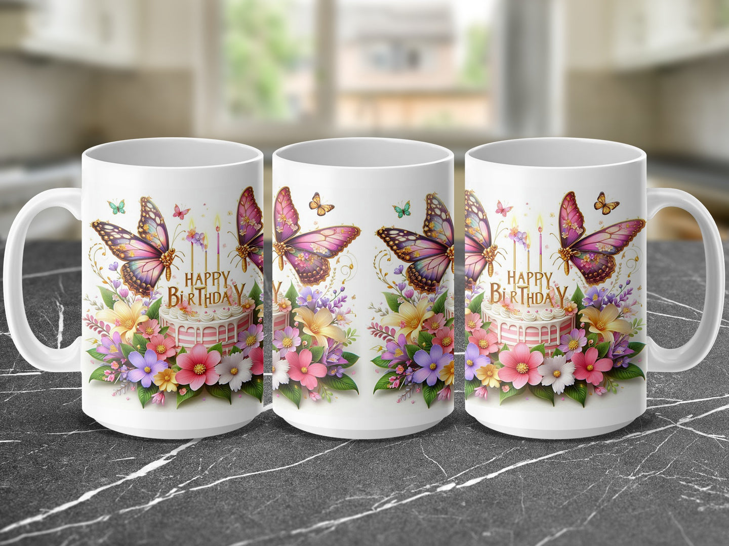 Birthday cake with butterflies and flowers on a mug.