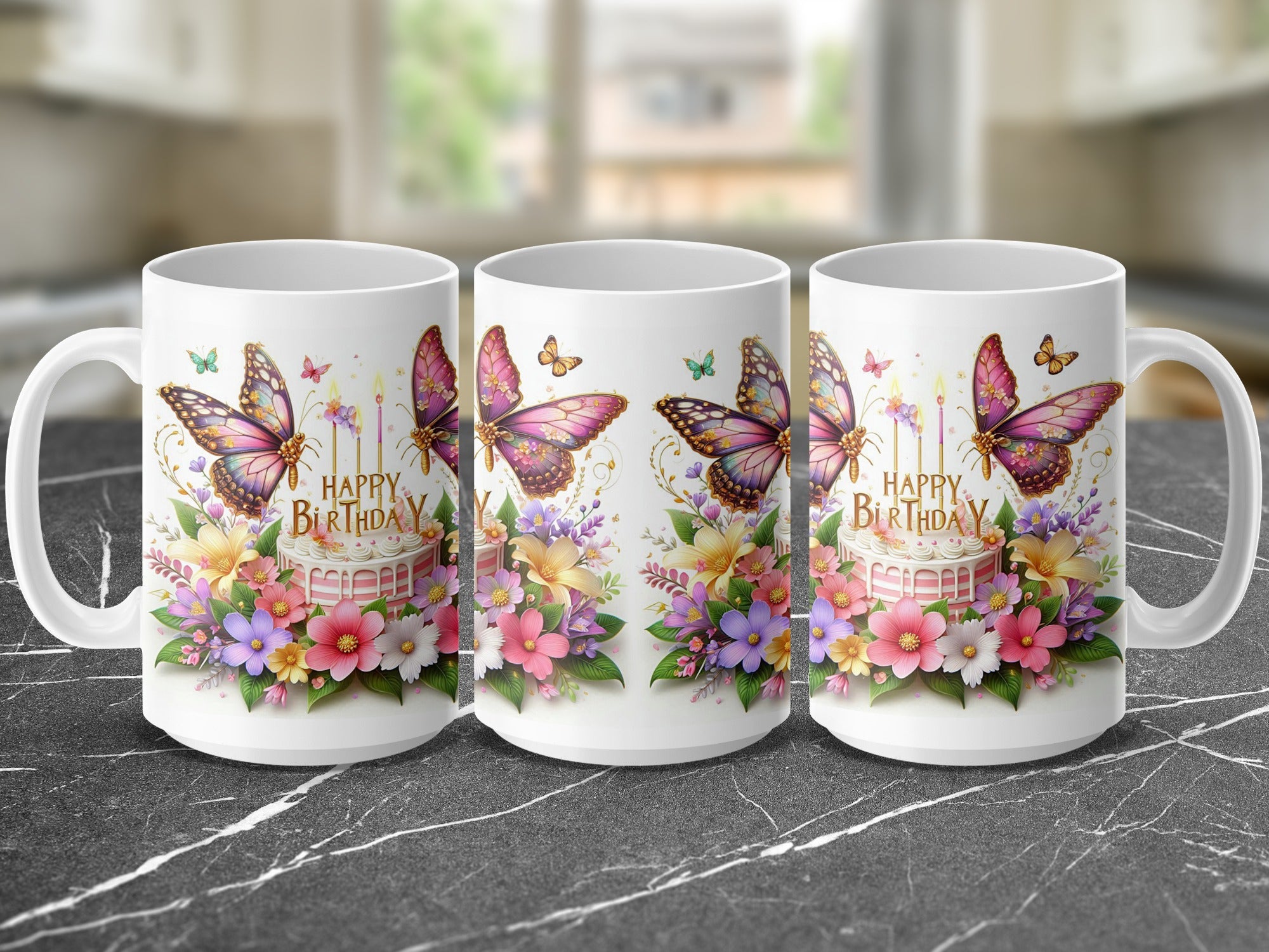 Birthday cake with butterflies and flowers on a mug.