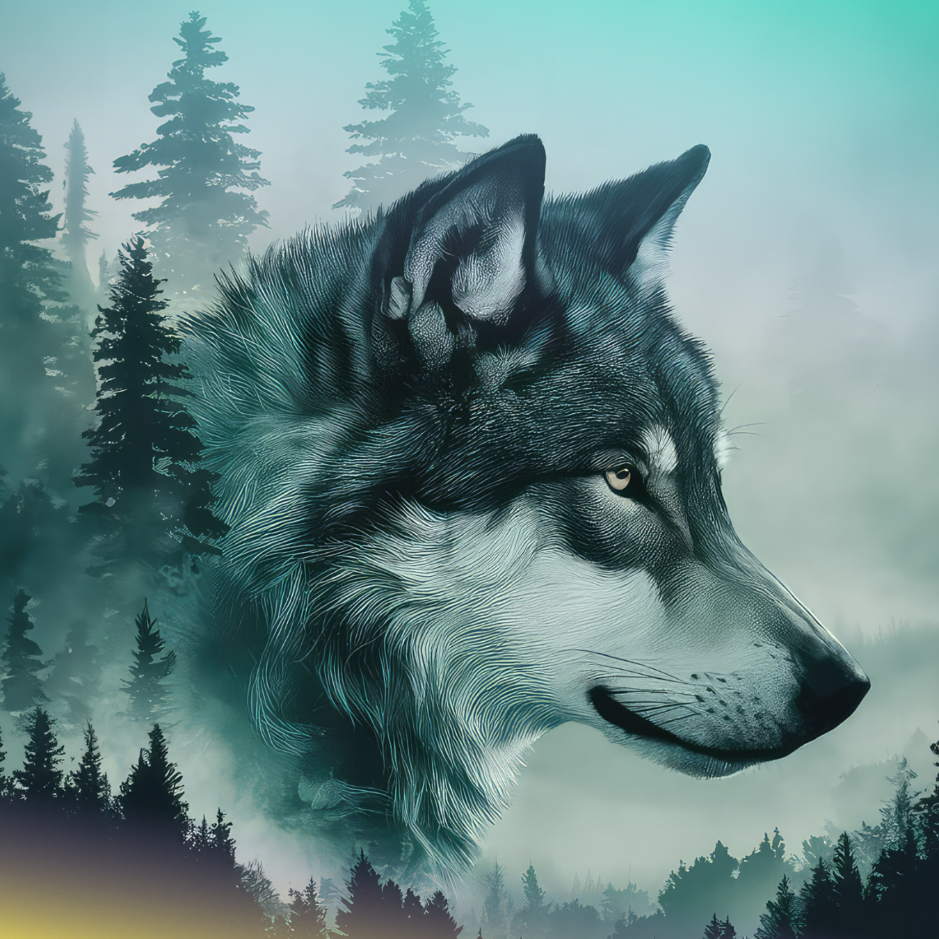 Wolf portrait with misty forest background.