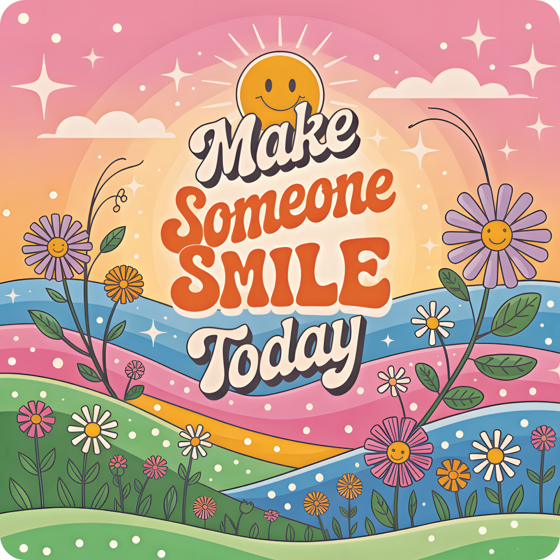 Make Someone Smile Today text with retro flowers and sunshine.